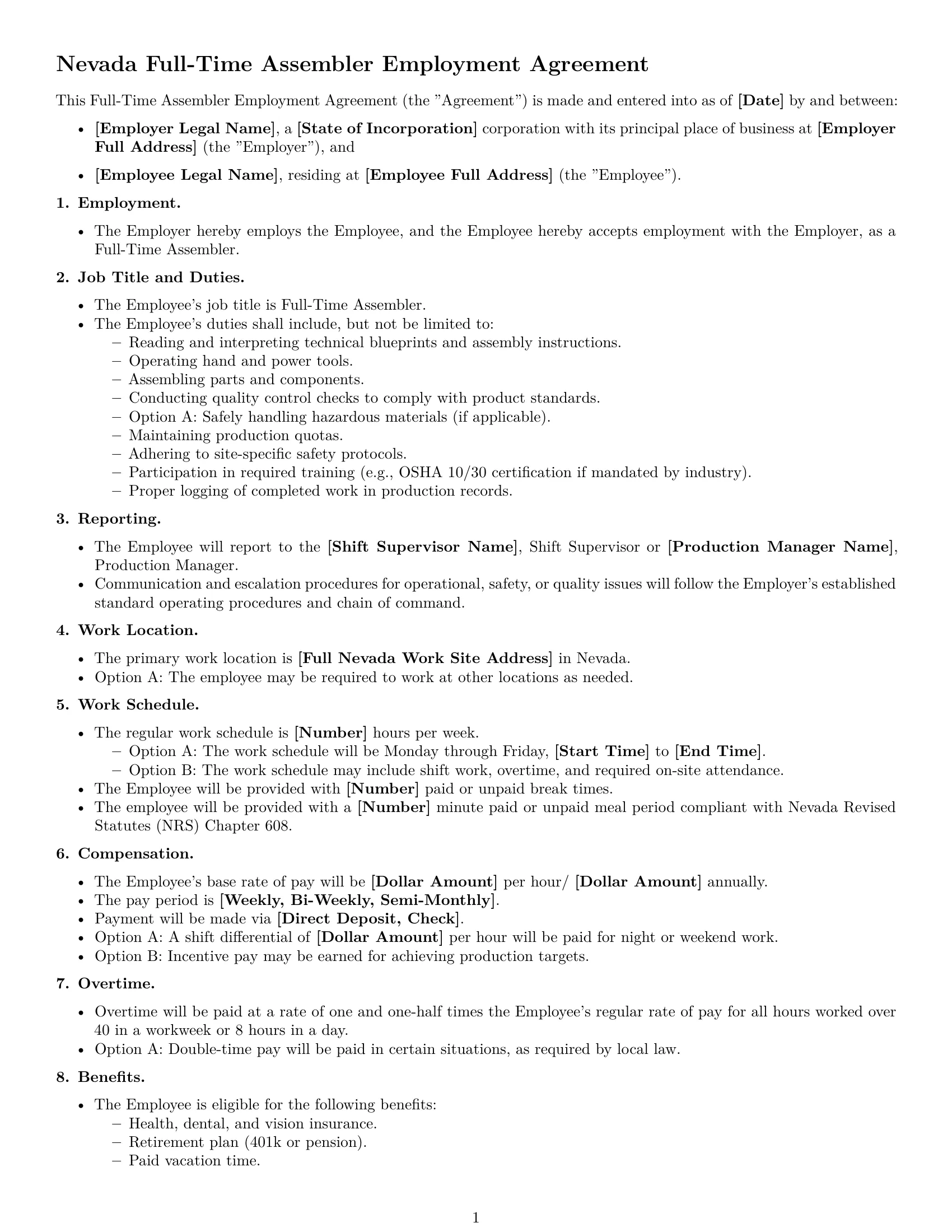 Preview page 1 of Free Nevada assembler employment contract template