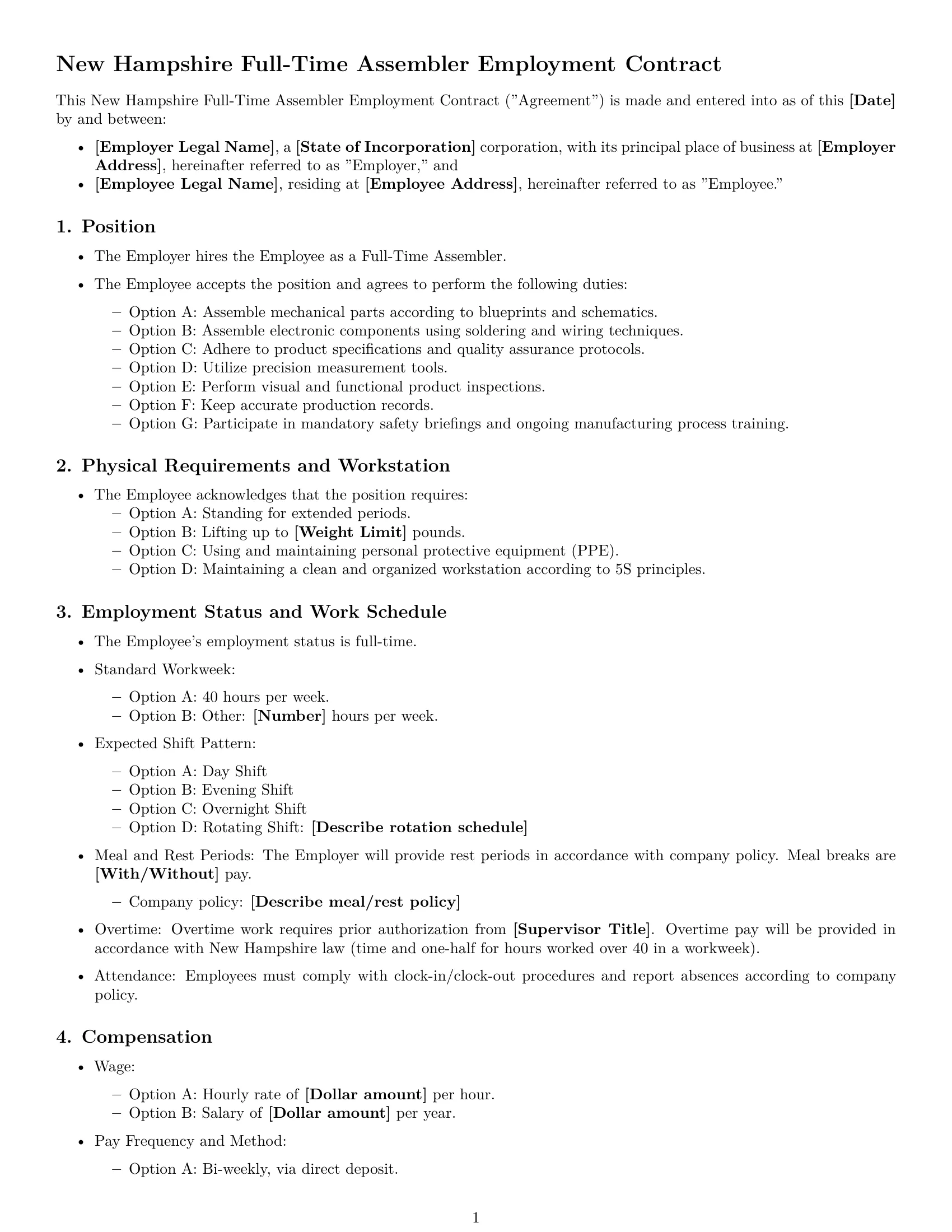 Preview page 1 of Free New Hampshire assembler employment contract template