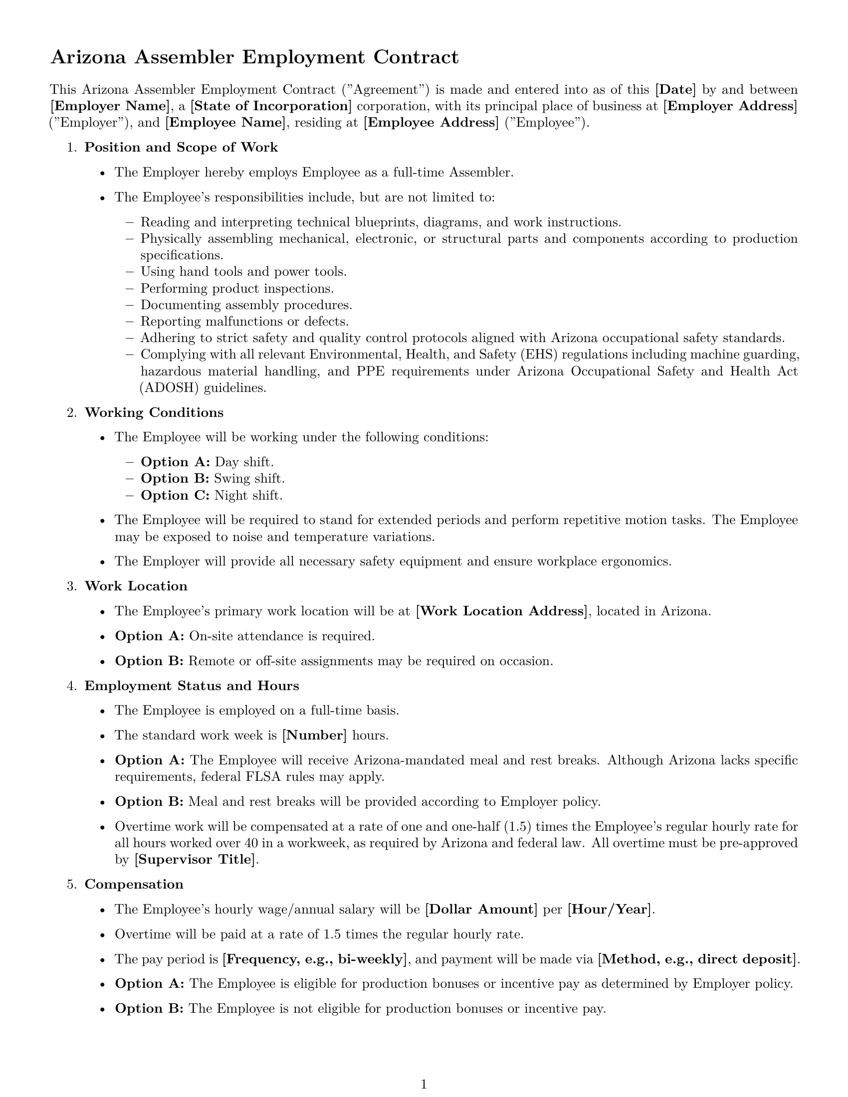 Preview page 1 of Free Arizona assembler employment contract template