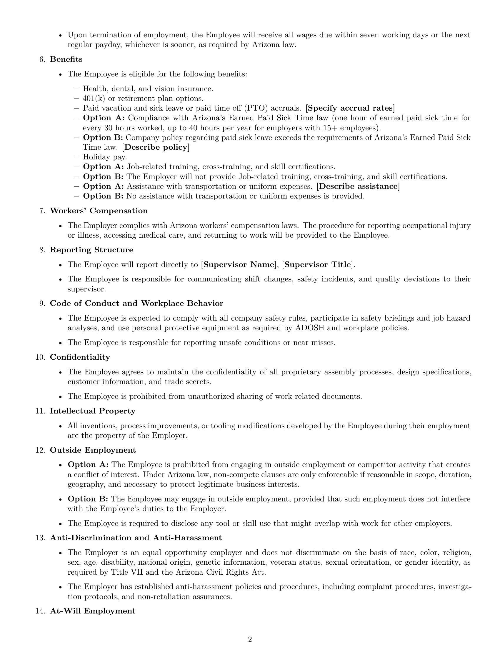 Preview page 2 of Free Arizona assembler employment contract template