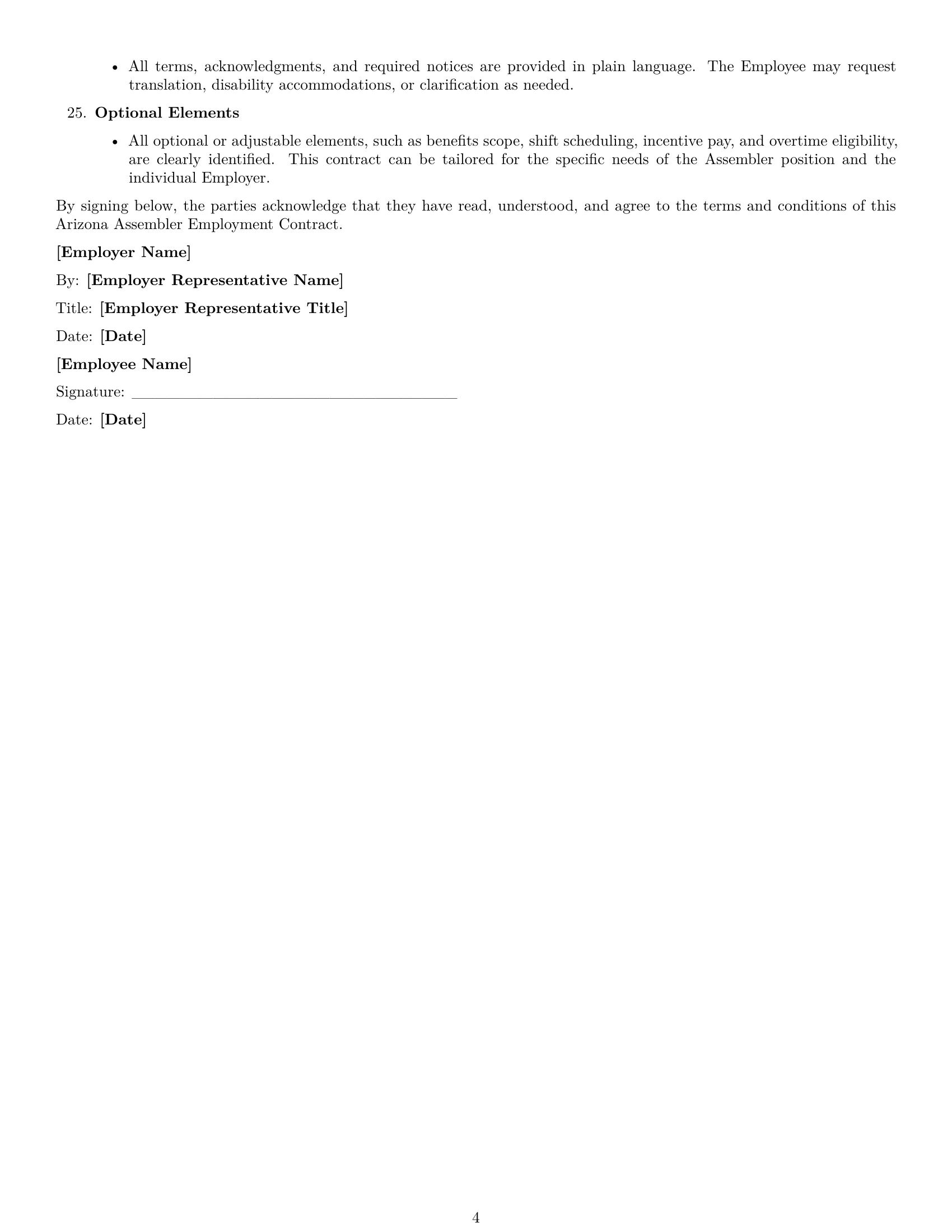 Preview page 4 of Free Arizona assembler employment contract template