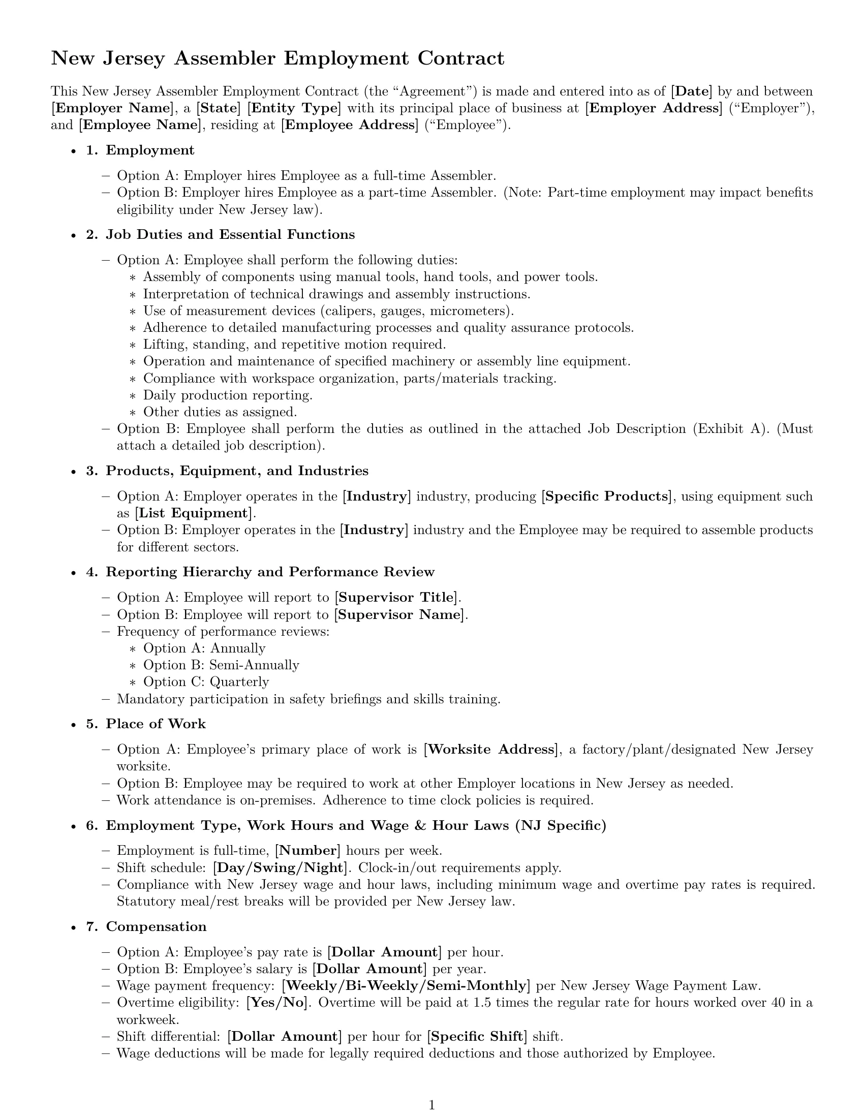 Preview page 1 of Free New Jersey assembler employment contract template