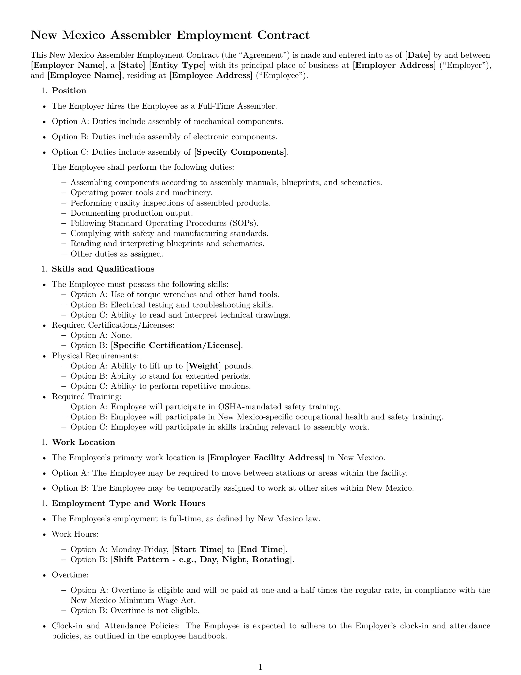 Preview page 1 of Free New Mexico assembler employment contract template