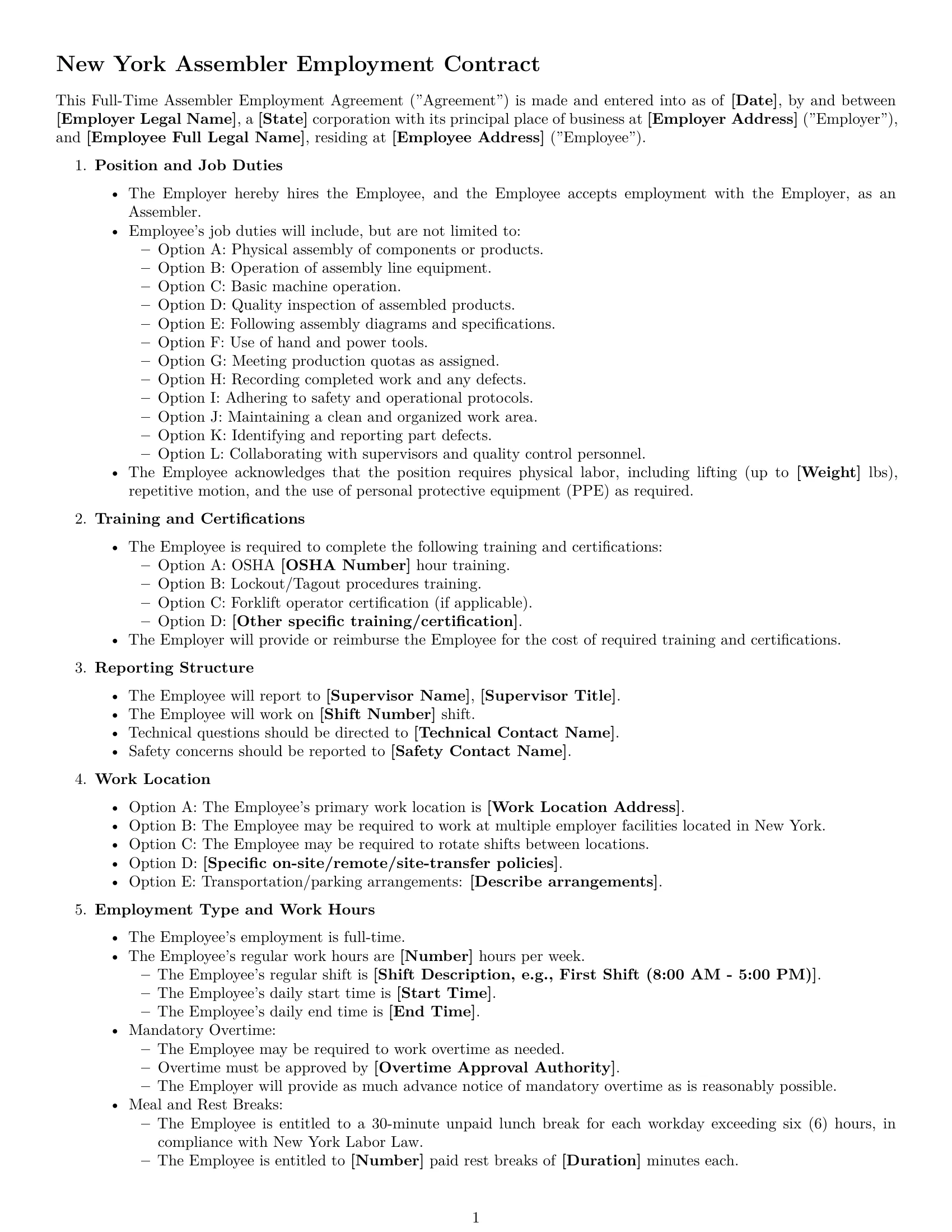 Preview page 1 of Free New York assembler employment contract template