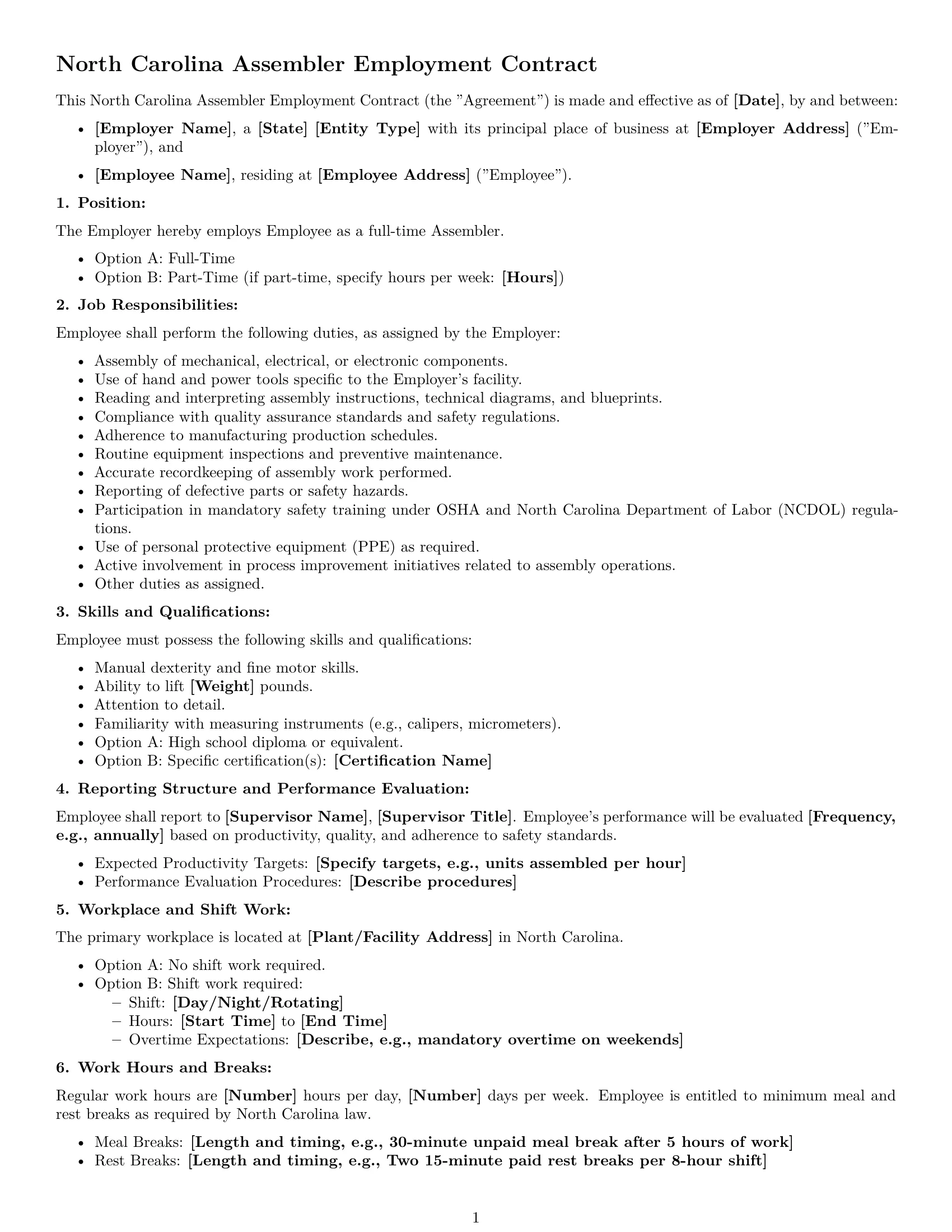 Preview page 1 of Free North Carolina assembler employment contract template