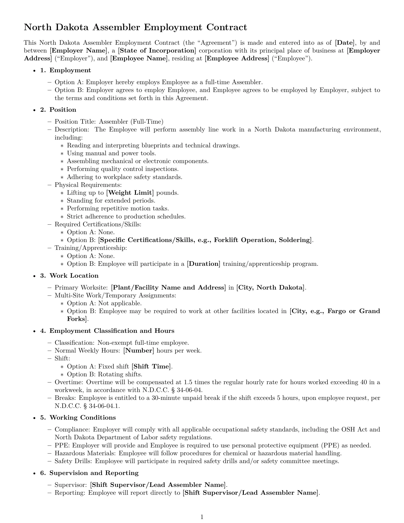 Preview page 1 of Free North Dakota assembler employment contract template