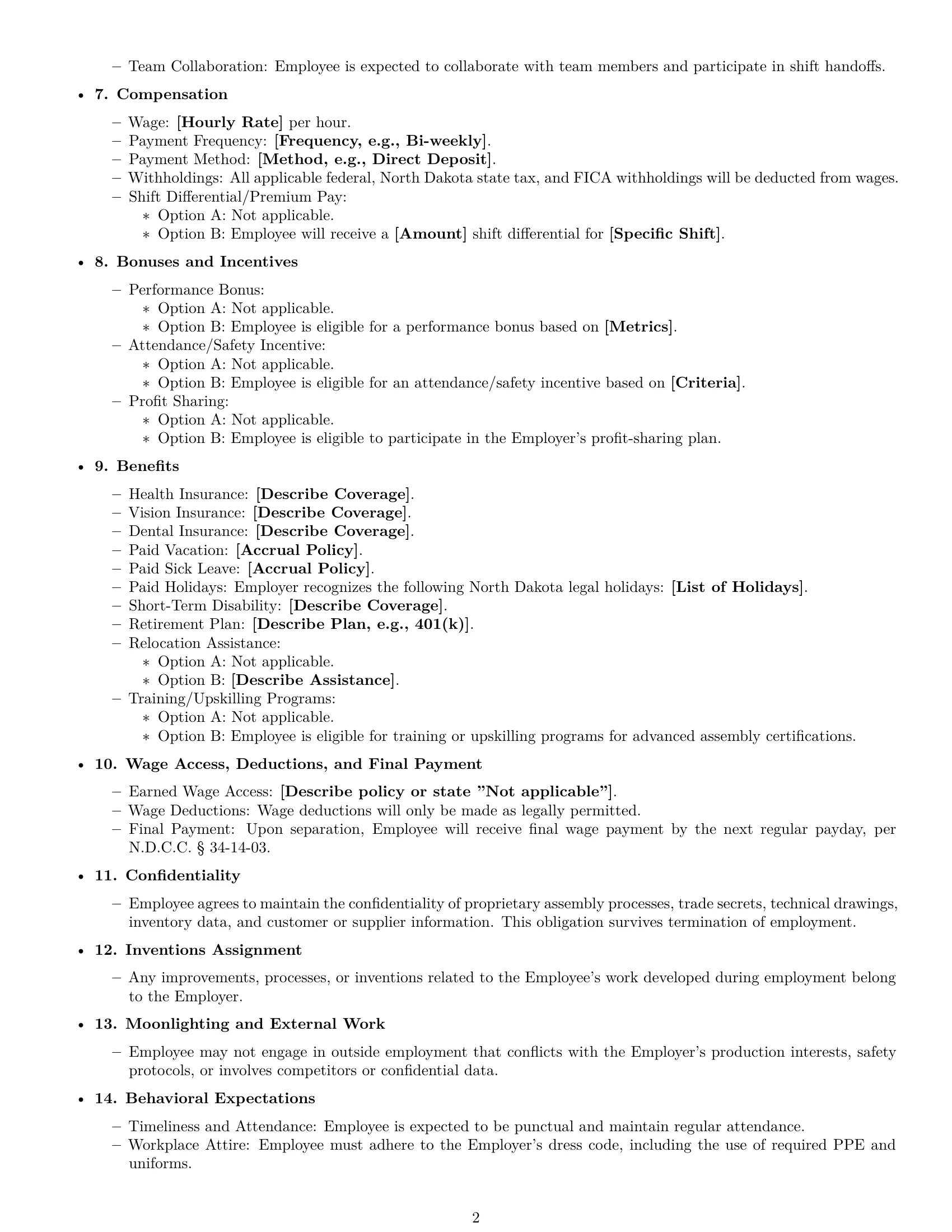 Preview page 2 of Free North Dakota assembler employment contract template
