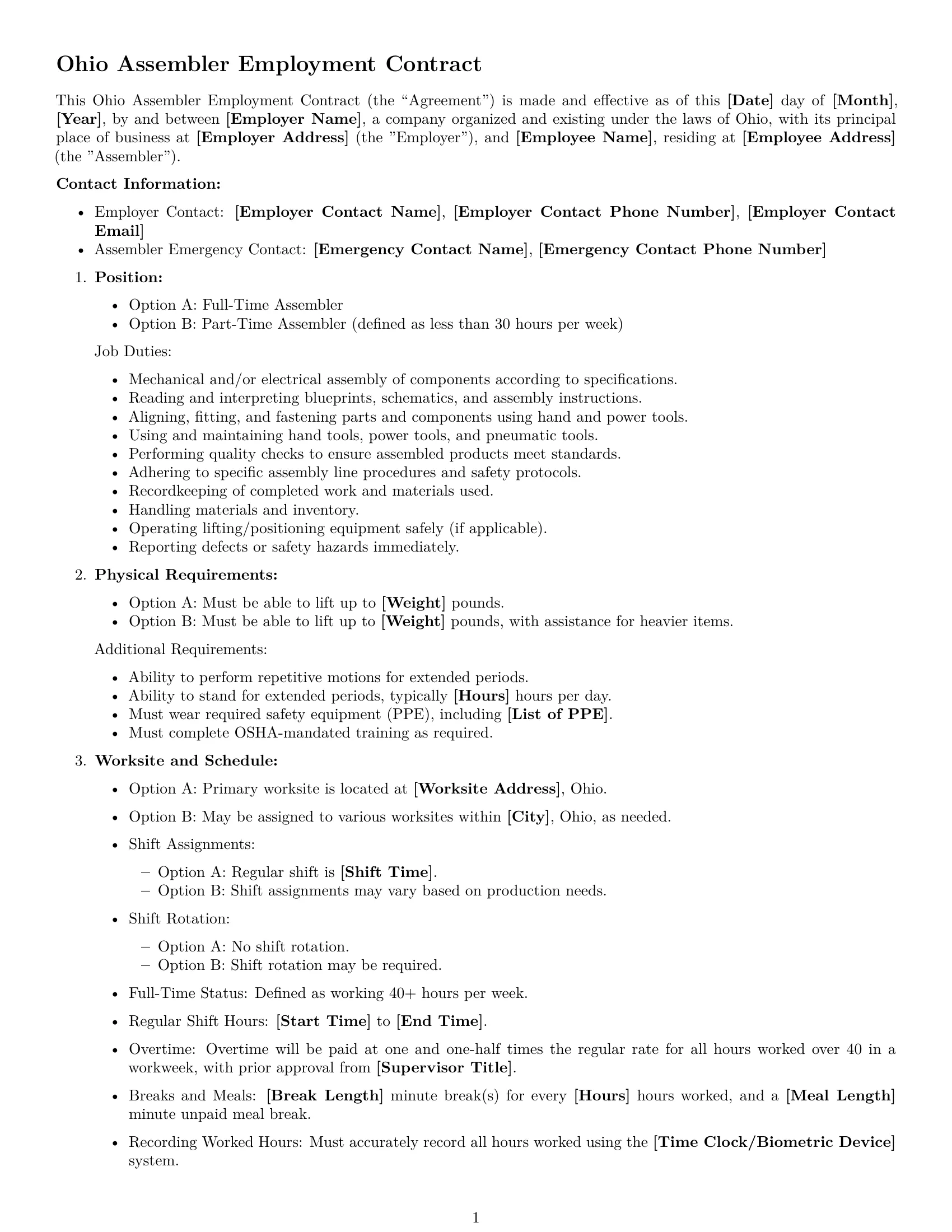 Preview page 1 of Free Ohio assembler employment contract template