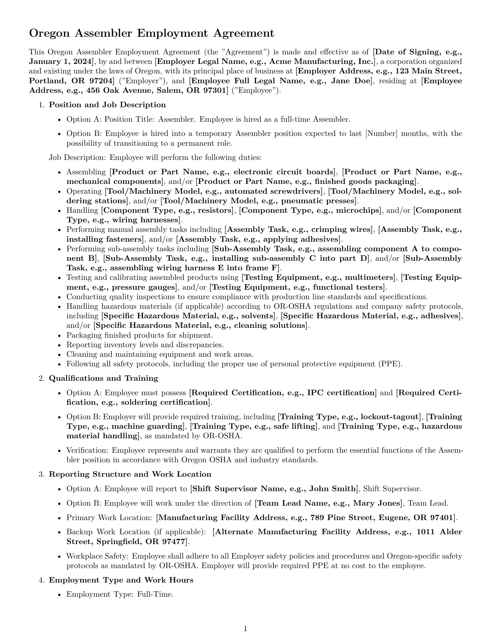 Preview page 1 of Free Oregon assembler employment contract template