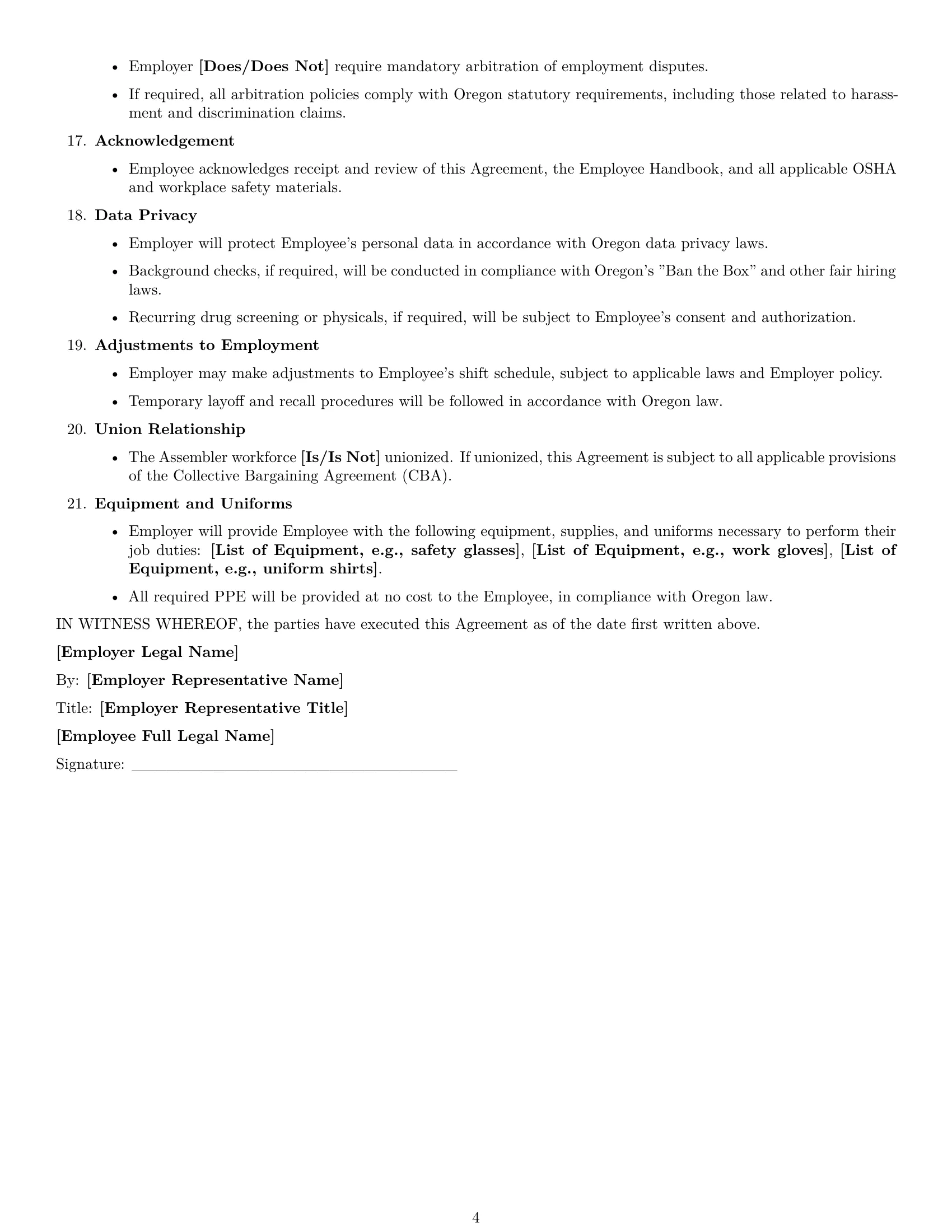 Preview page 4 of Free Oregon assembler employment contract template