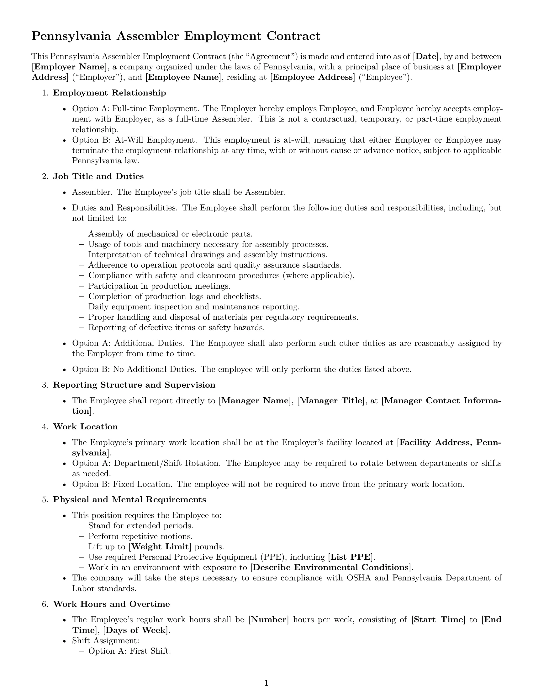 Preview page 1 of Free Pennsylvania assembler employment contract template