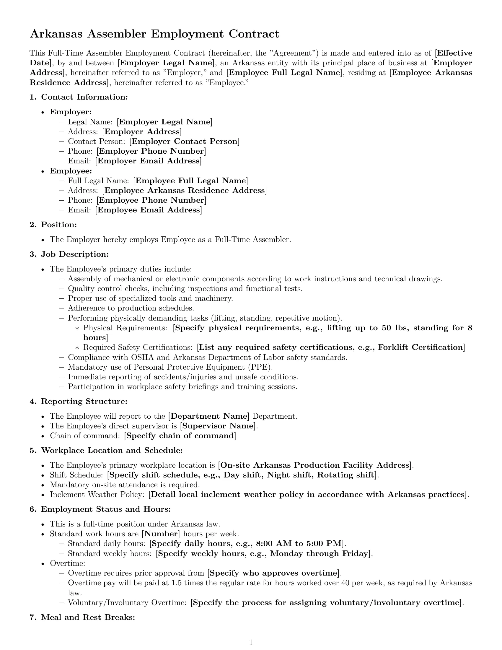 Preview page 1 of Free Arkansas assembler employment contract template