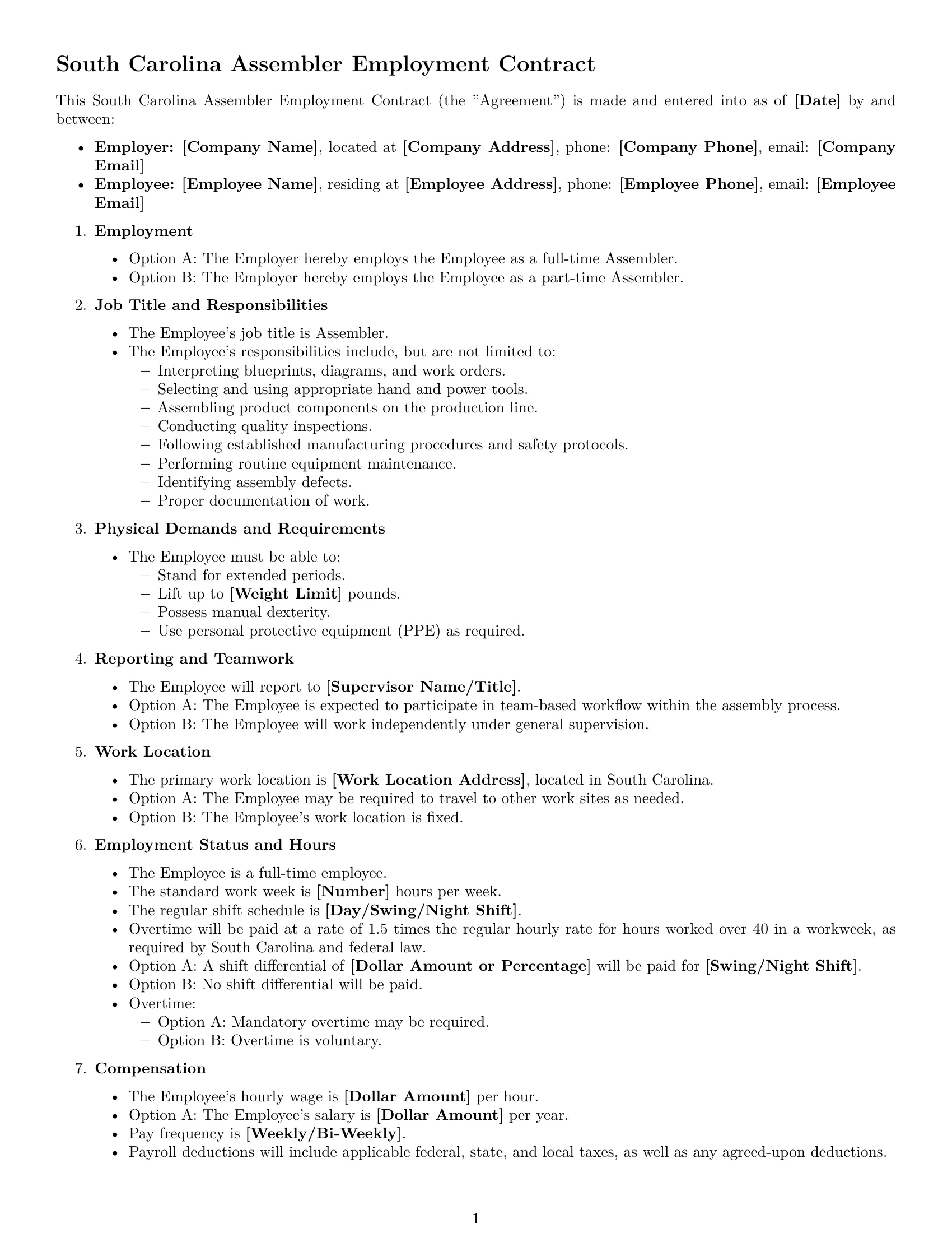 Preview page 1 of Free South Carolina assembler employment contract template