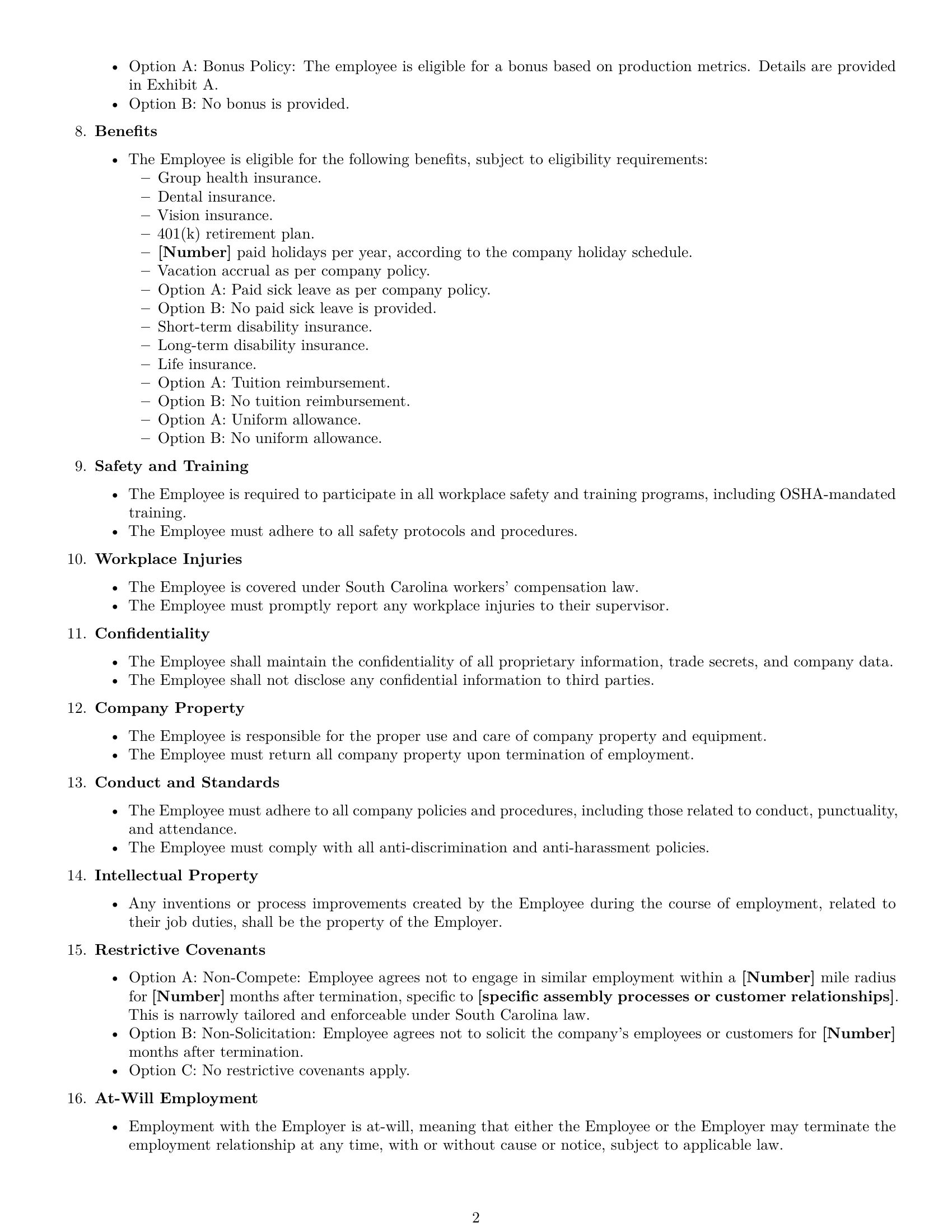 Preview page 2 of Free South Carolina assembler employment contract template