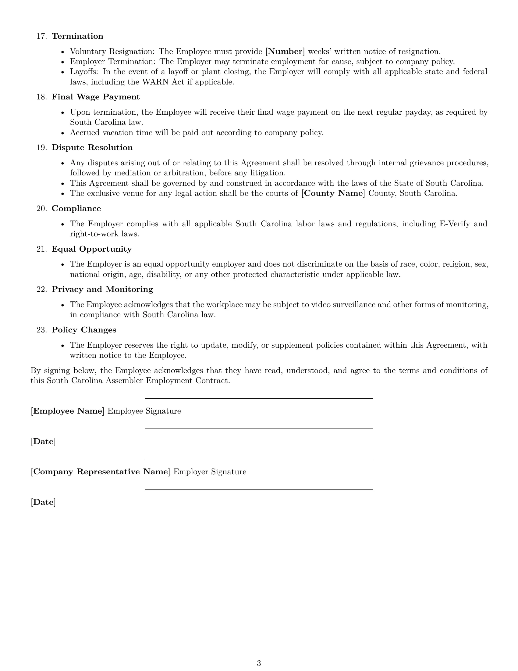 Preview page 3 of Free South Carolina assembler employment contract template