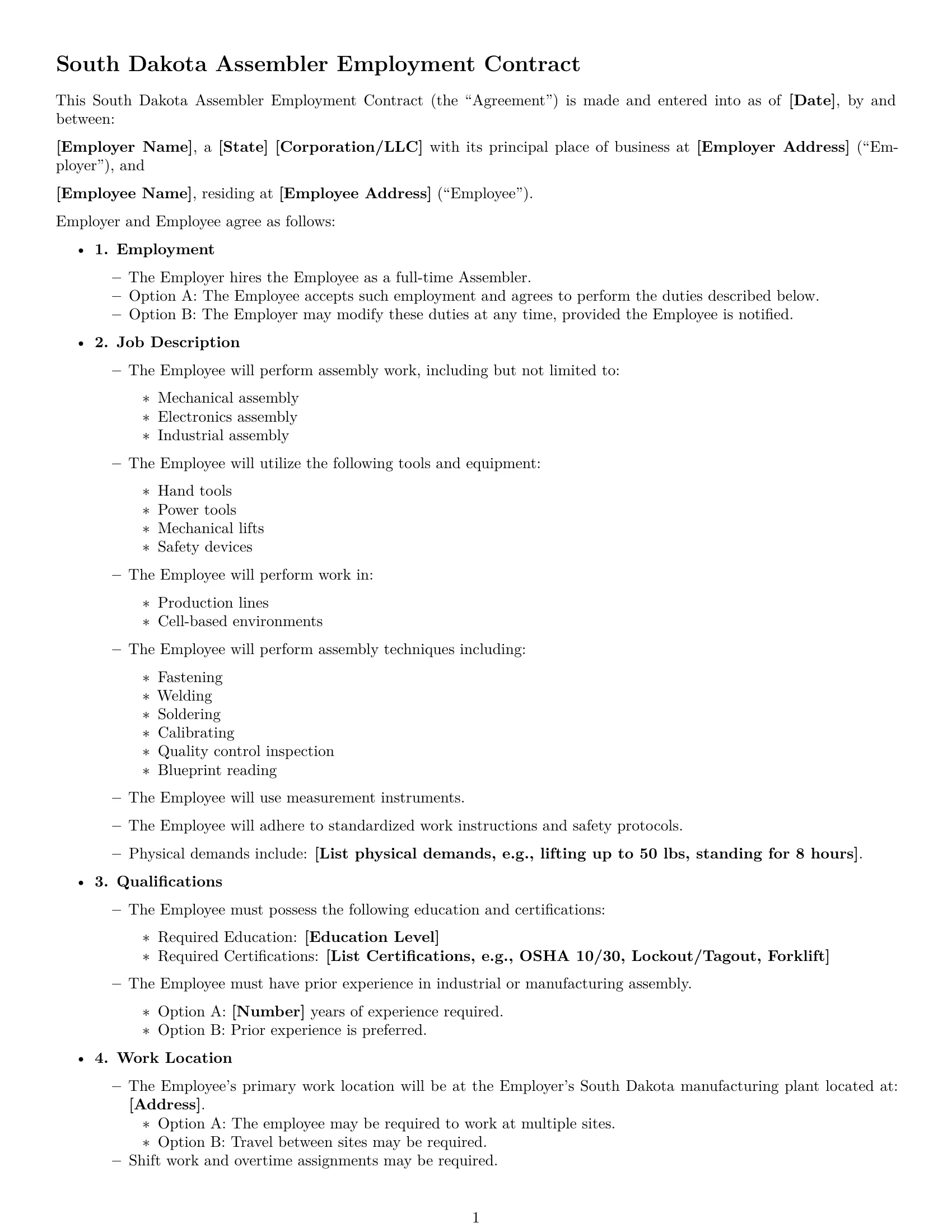 Preview page 1 of Free South Dakota assembler employment contract template