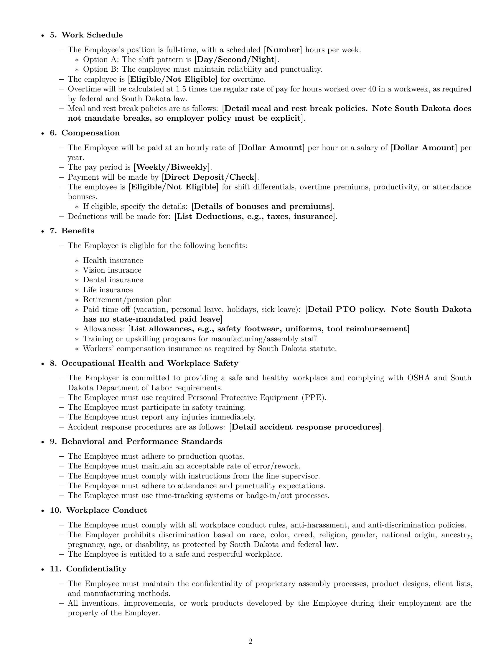 Preview page 2 of Free South Dakota assembler employment contract template