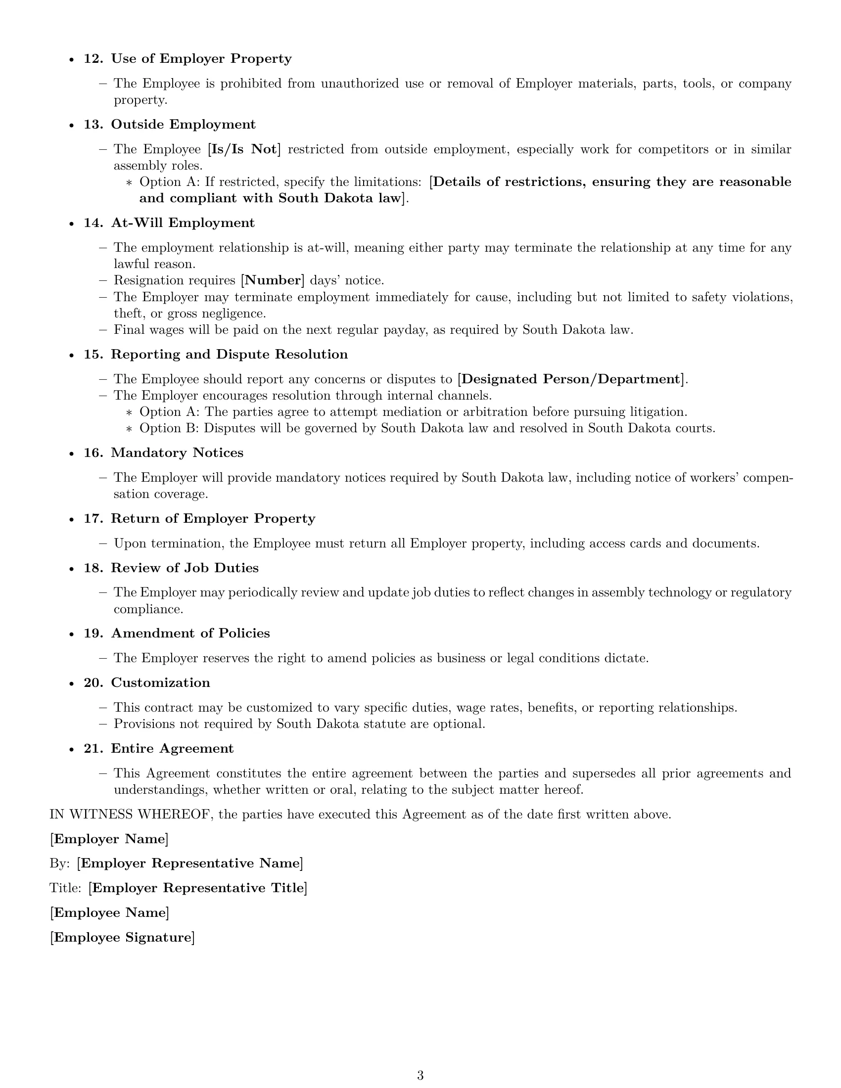 Preview page 3 of Free South Dakota assembler employment contract template