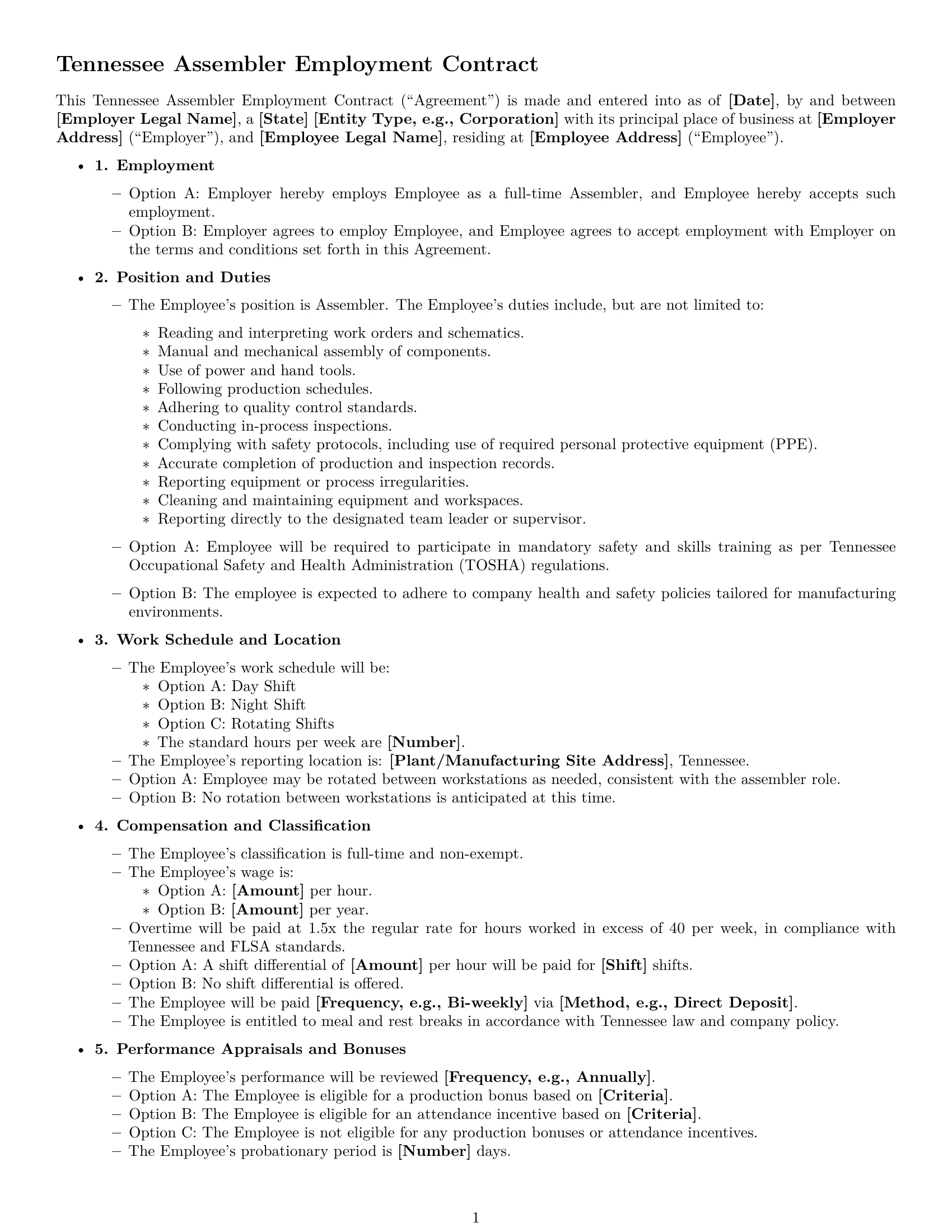 Preview page 1 of Free Tennessee assembler employment contract template