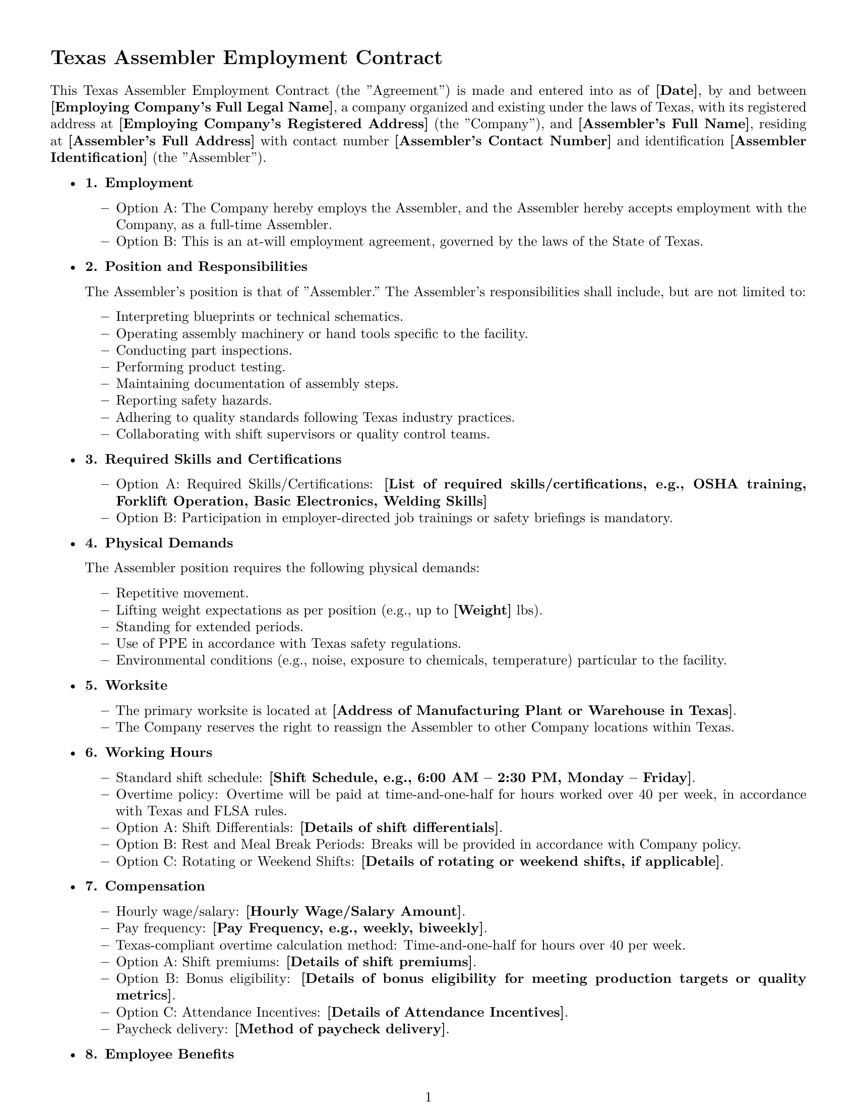 Preview page 1 of Free Texas assembler employment contract template