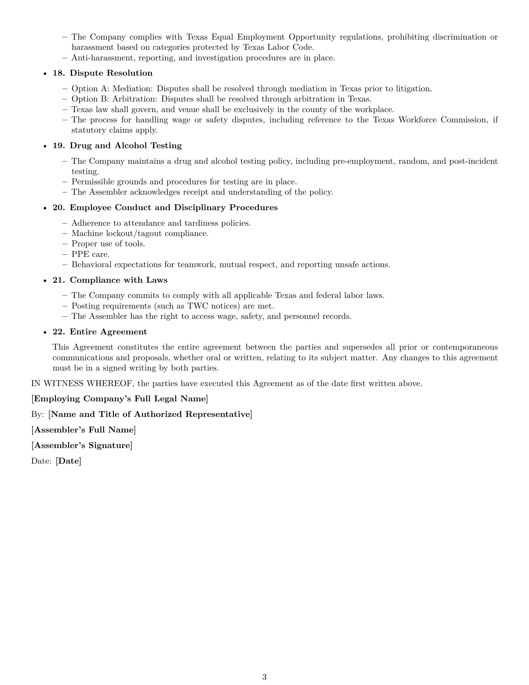 Preview page 3 of Free Texas assembler employment contract template