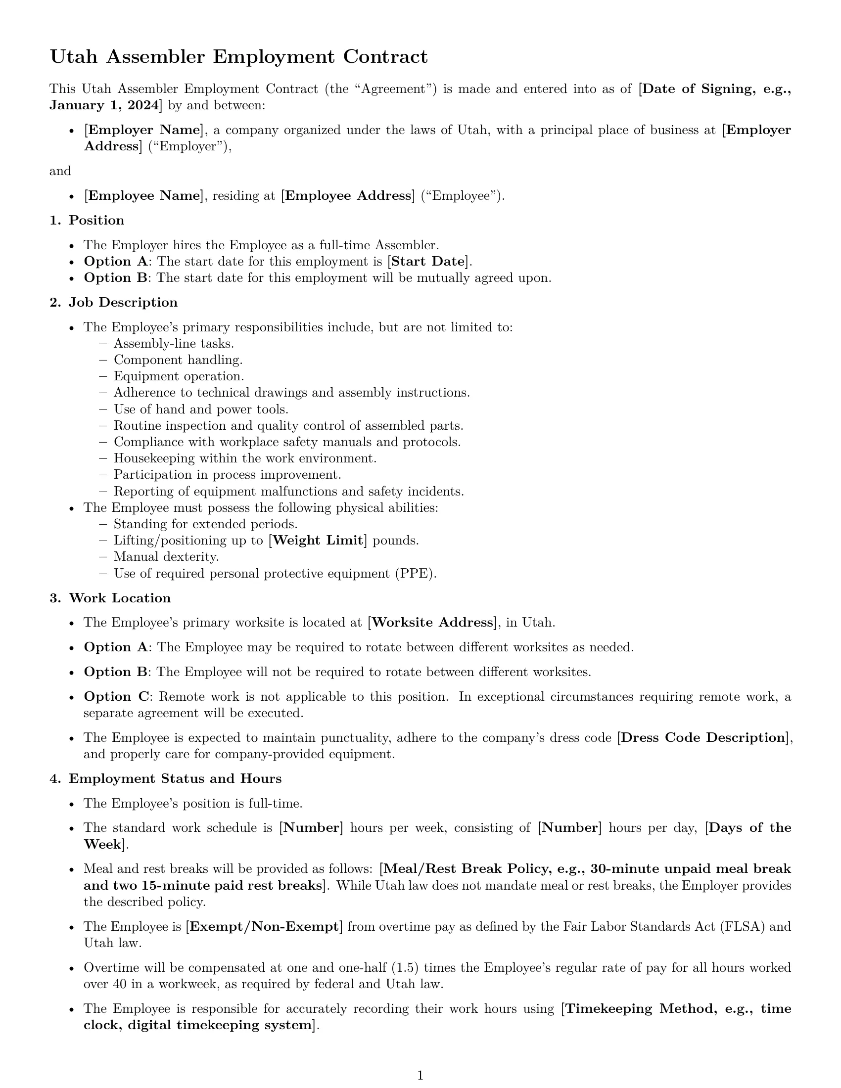 Preview page 1 of Free Utah assembler employment contract template