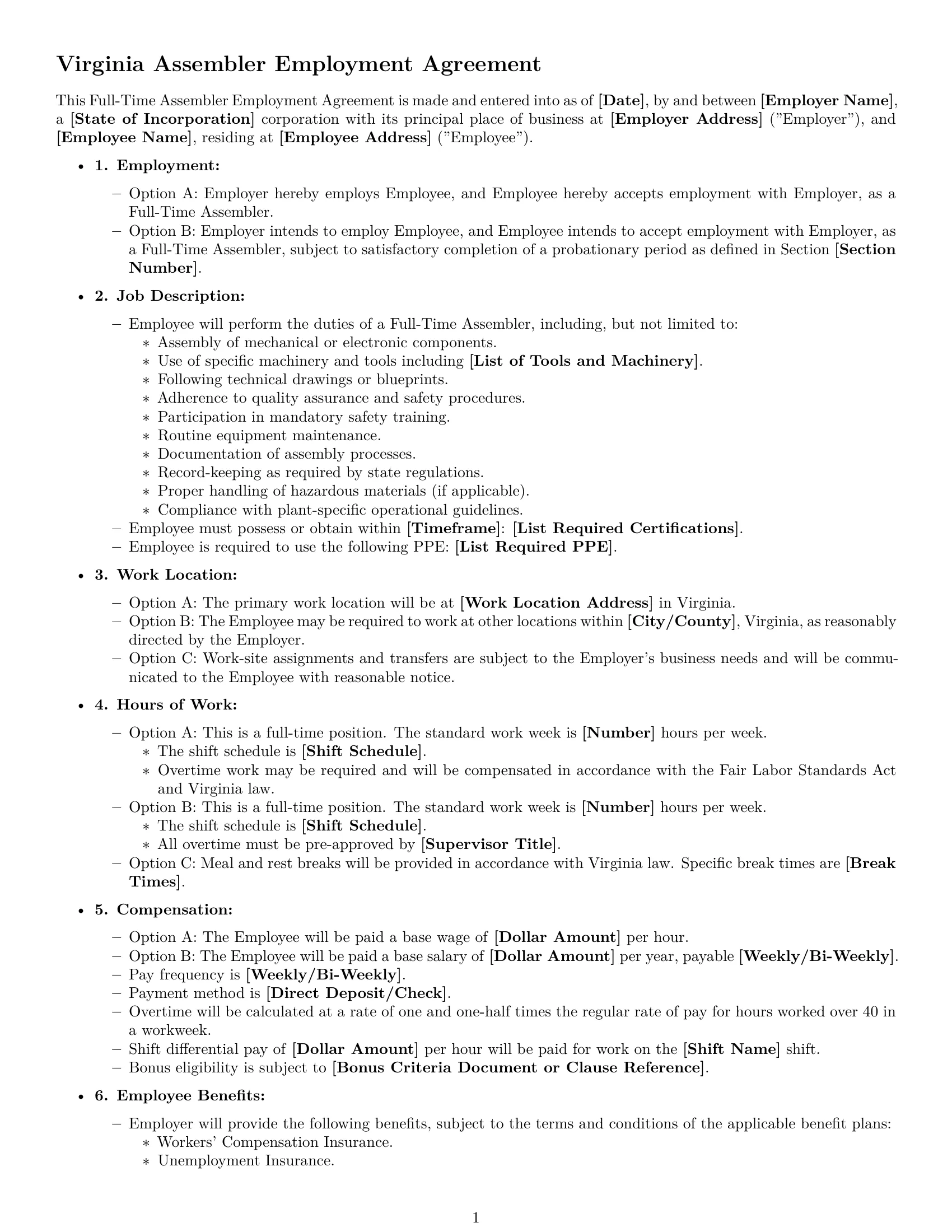 Preview page 1 of Free Virginia assembler employment contract template