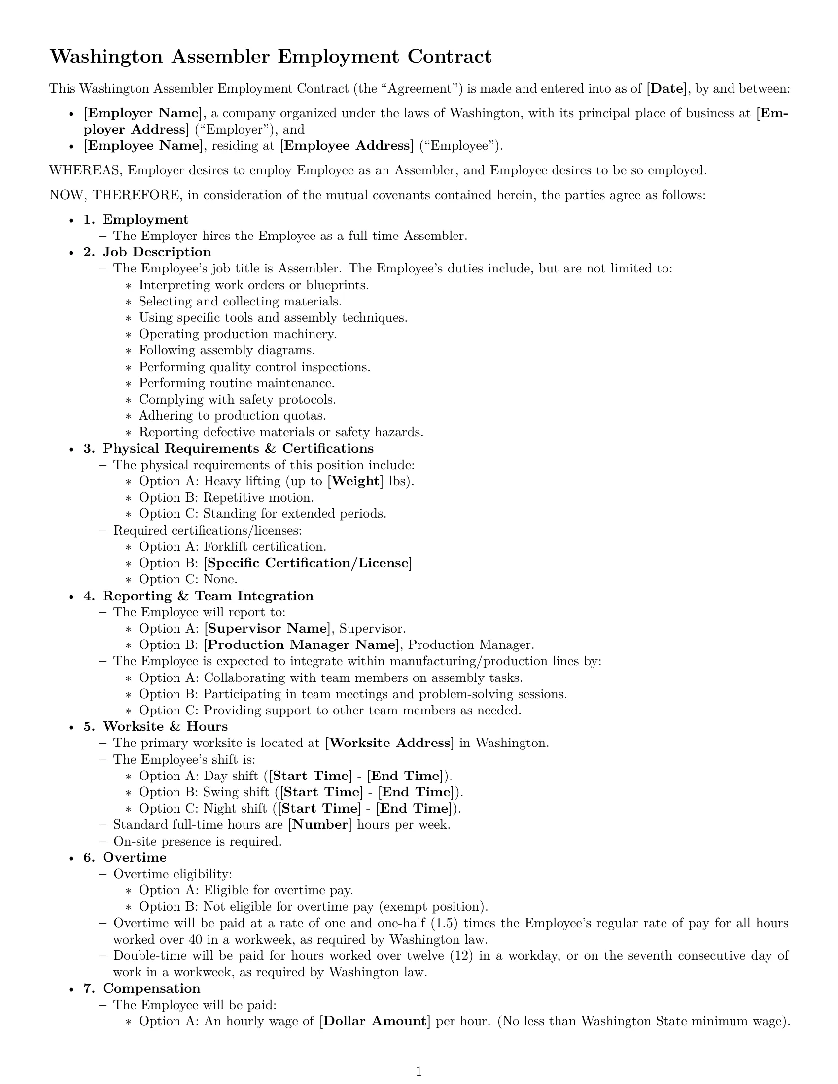 Preview page 1 of Free Washington assembler employment contract template