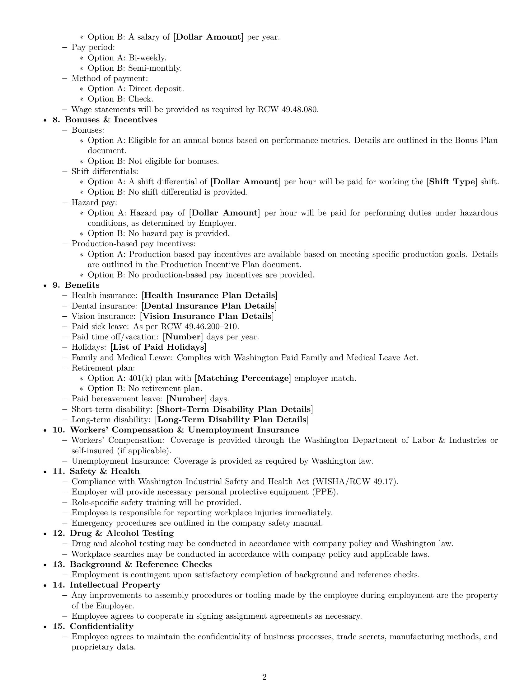 Preview page 2 of Free Washington assembler employment contract template