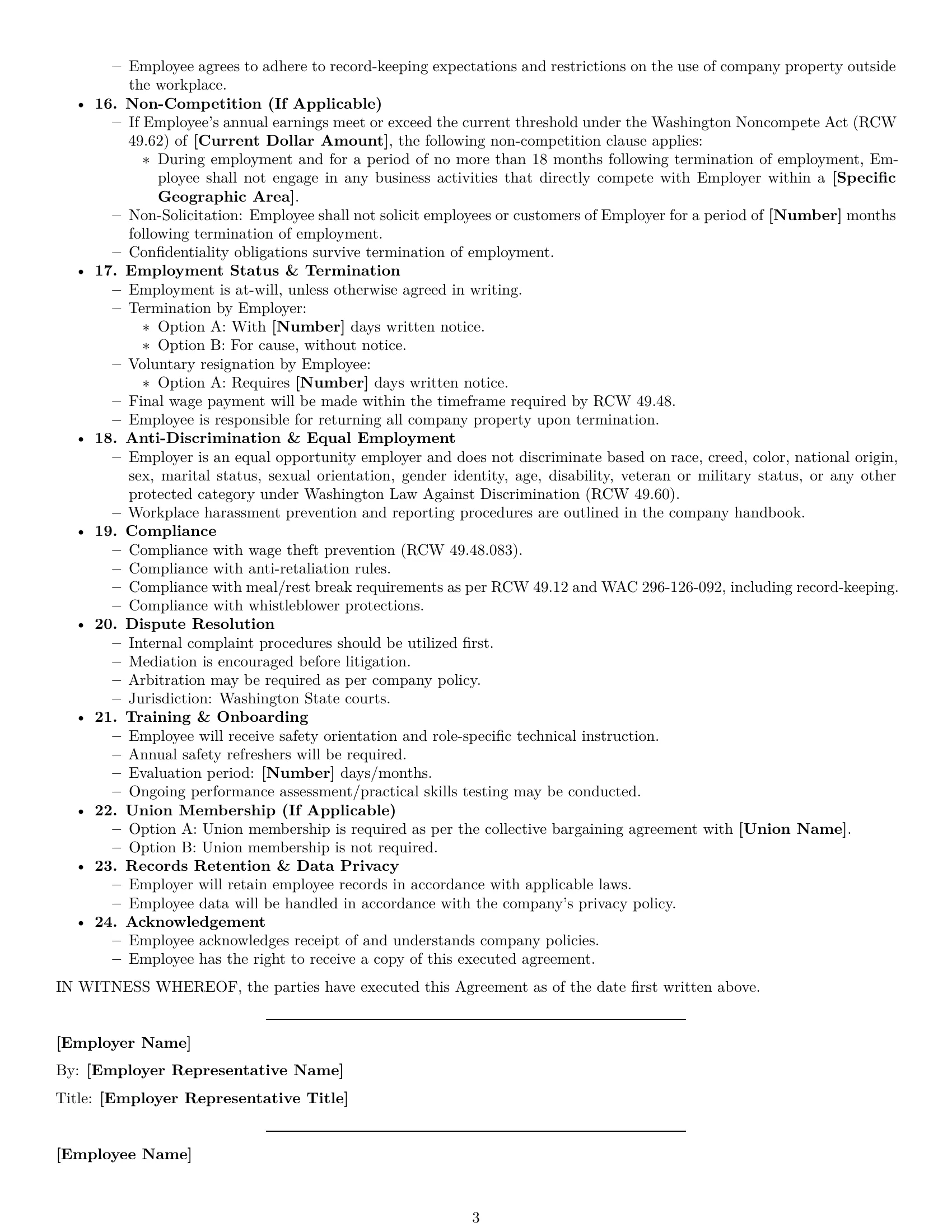 Preview page 3 of Free Washington assembler employment contract template