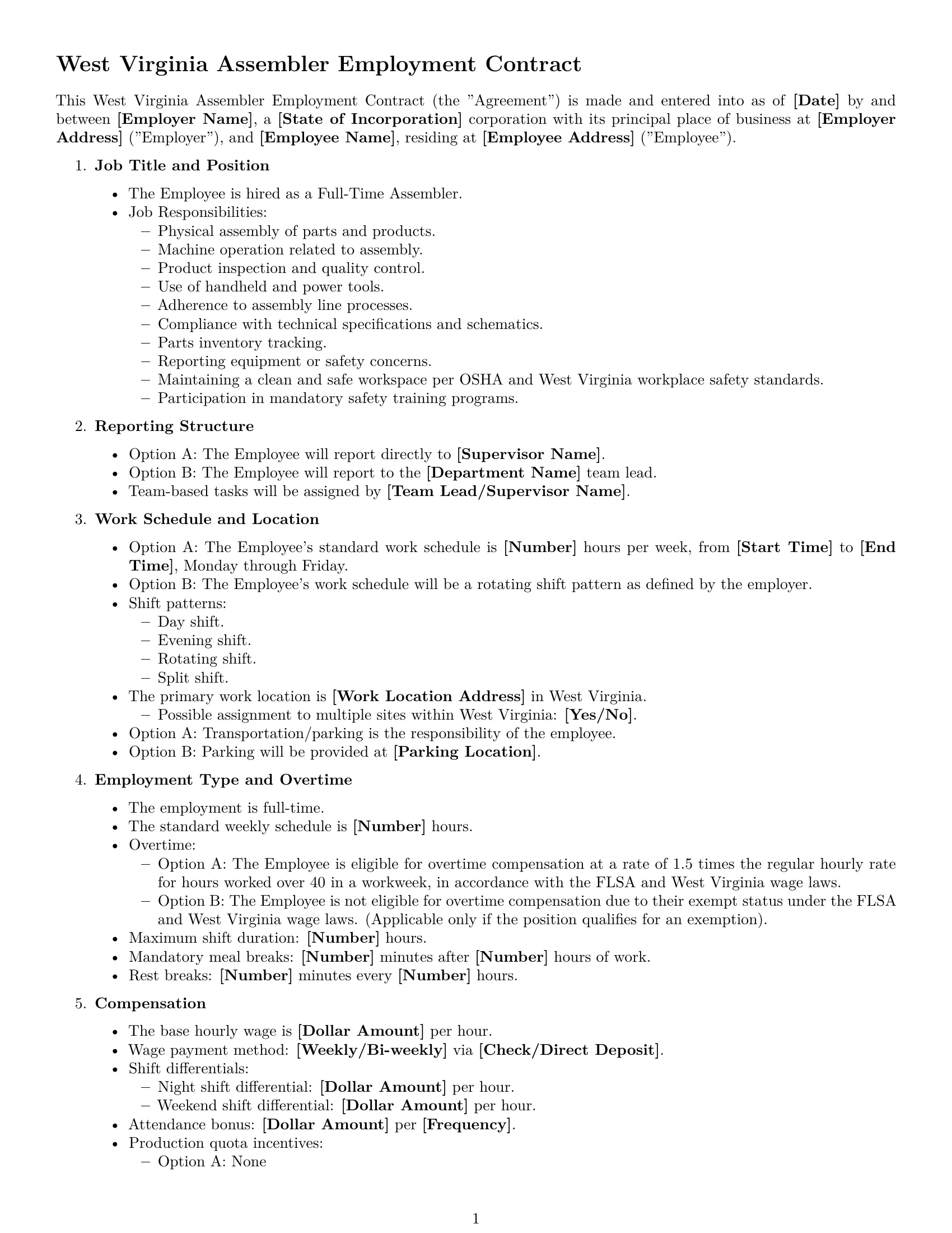 Preview page 1 of Free West Virginia assembler employment contract template