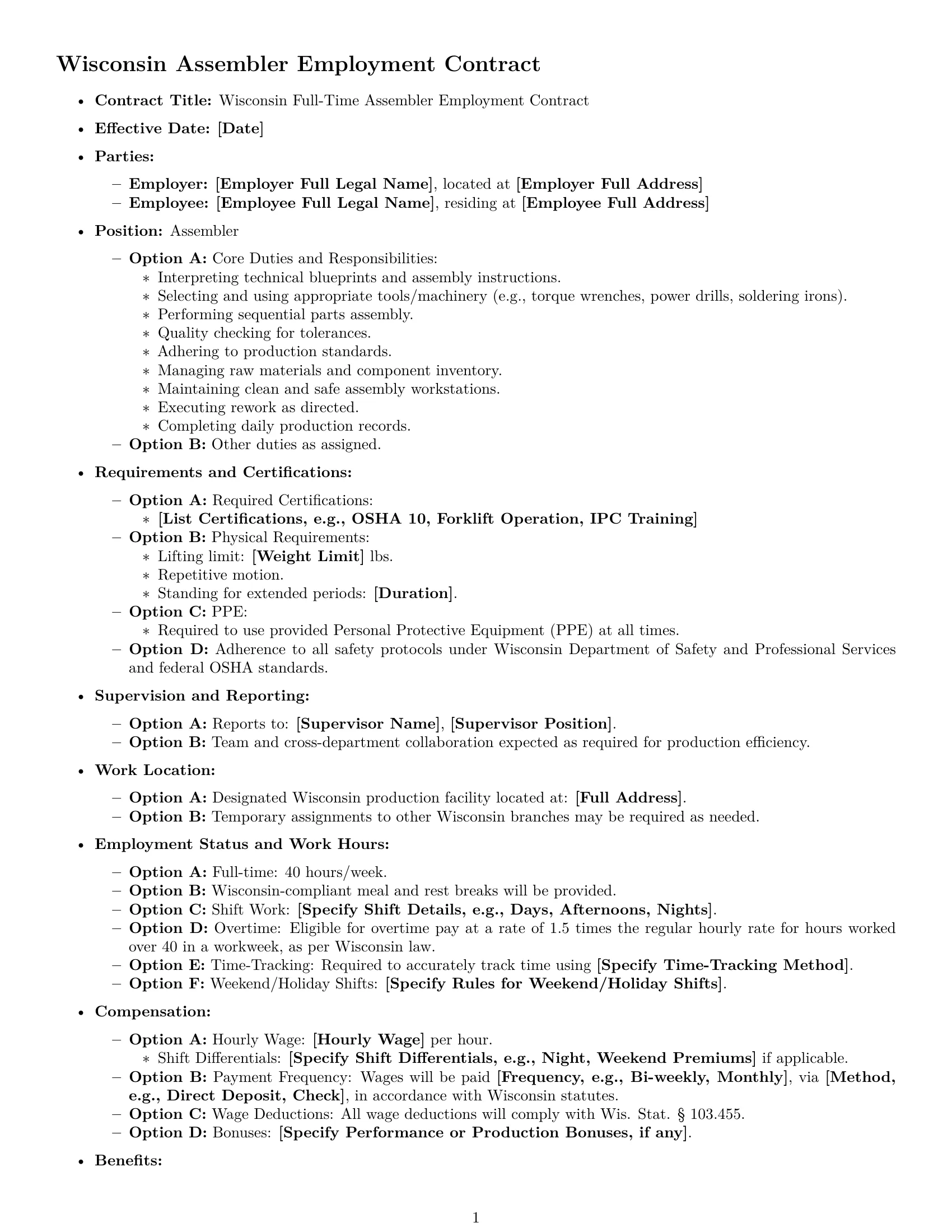 Preview page 1 of Free Wisconsin assembler employment contract template