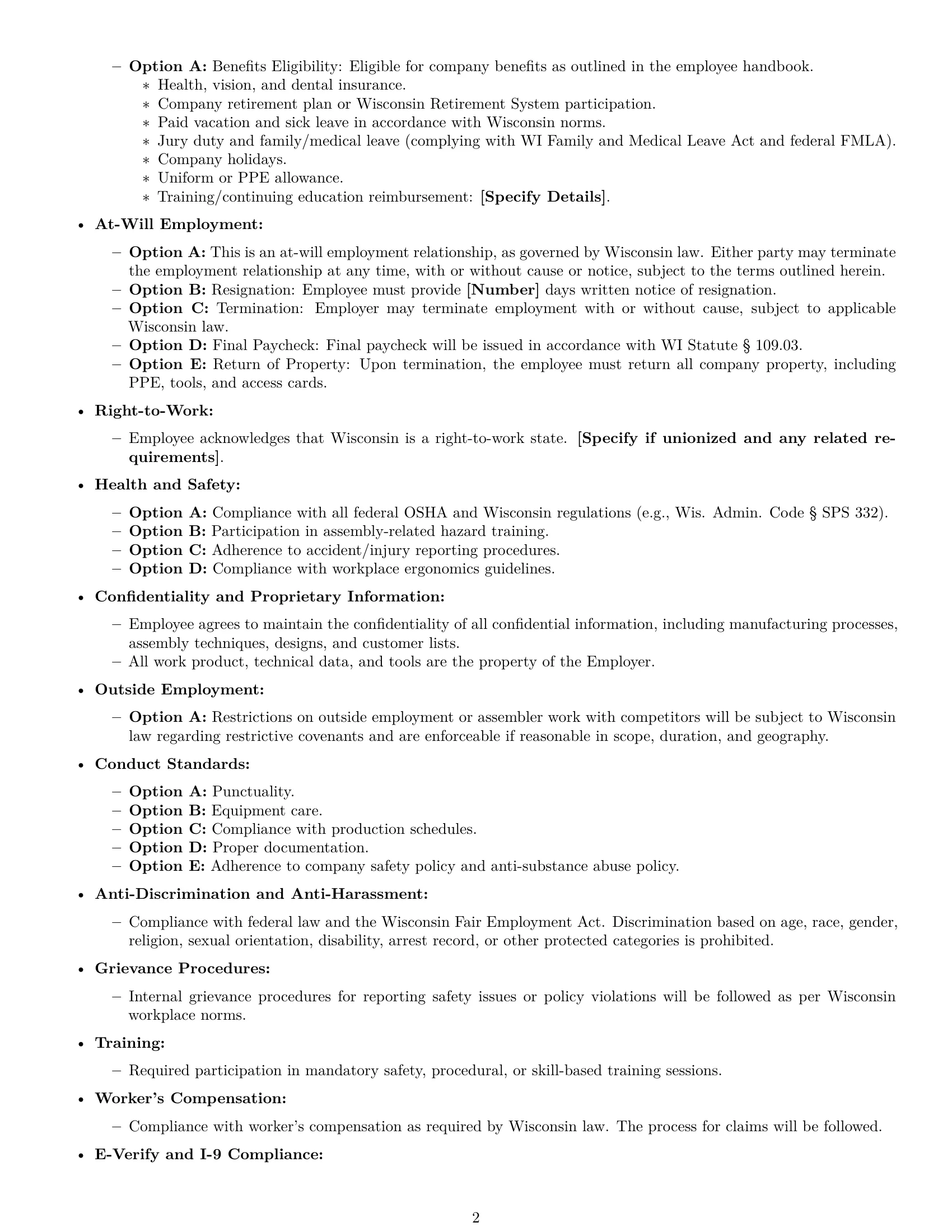 Preview page 2 of Free Wisconsin assembler employment contract template