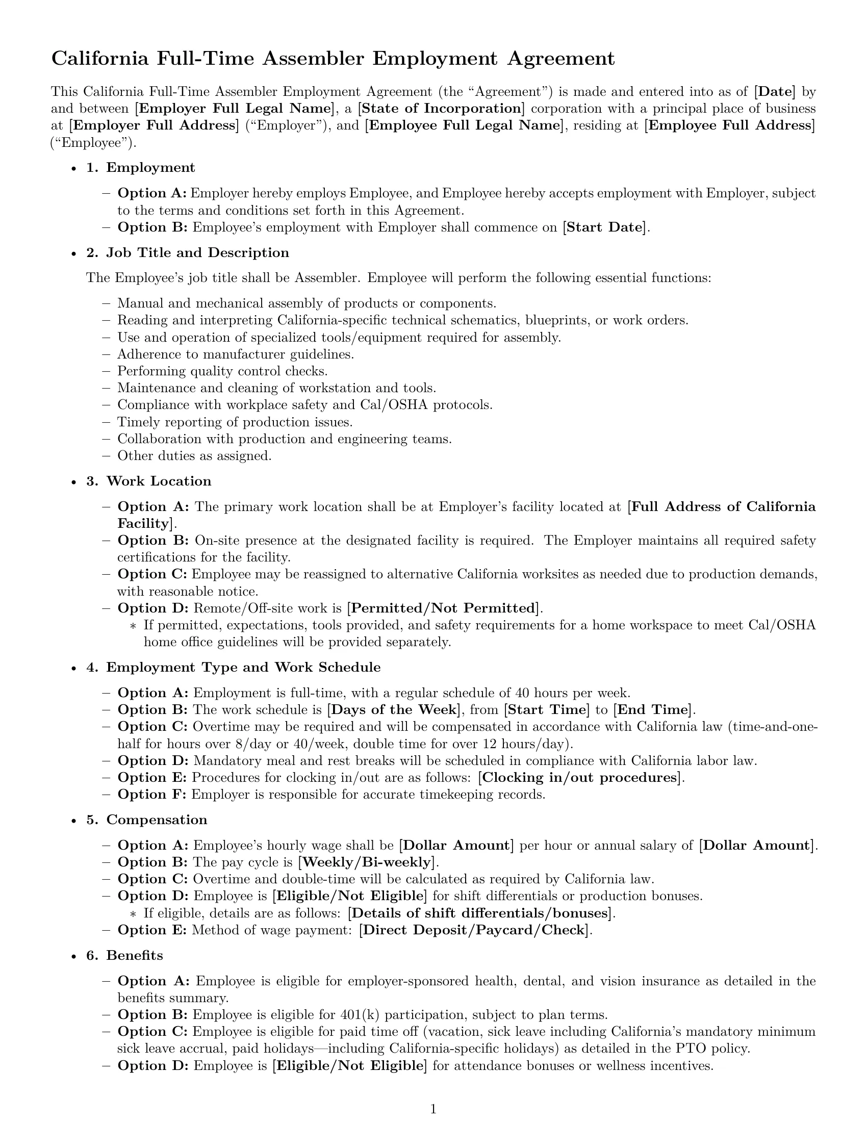 Preview page 1 of Free California assembler employment contract template