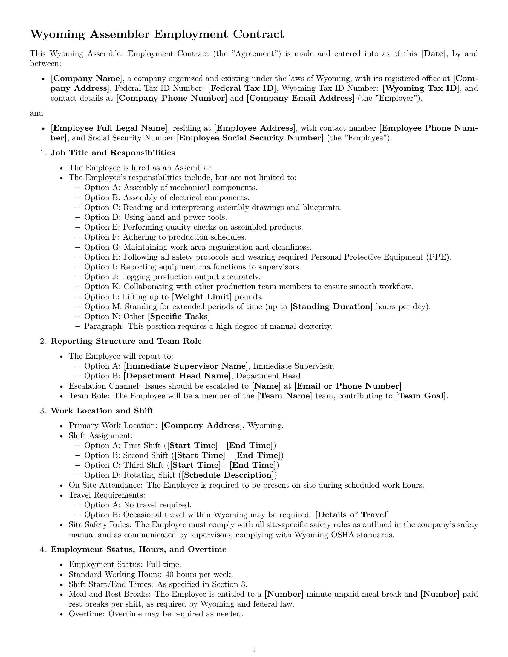 Preview page 1 of Free Wyoming assembler employment contract template