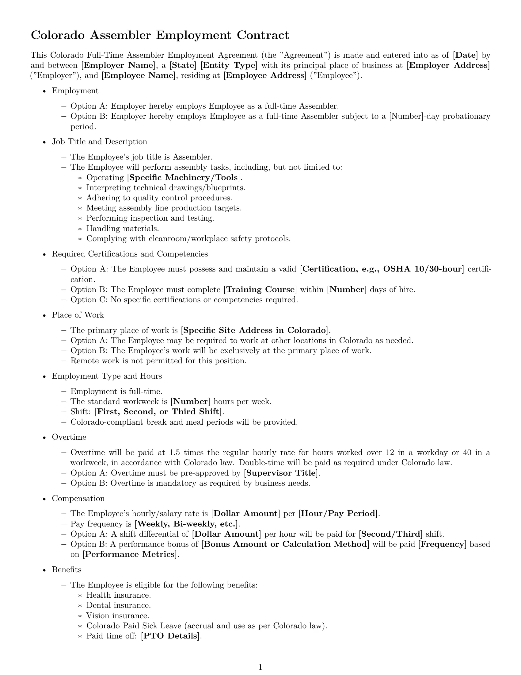 Preview page 1 of Free Colorado assembler employment contract template
