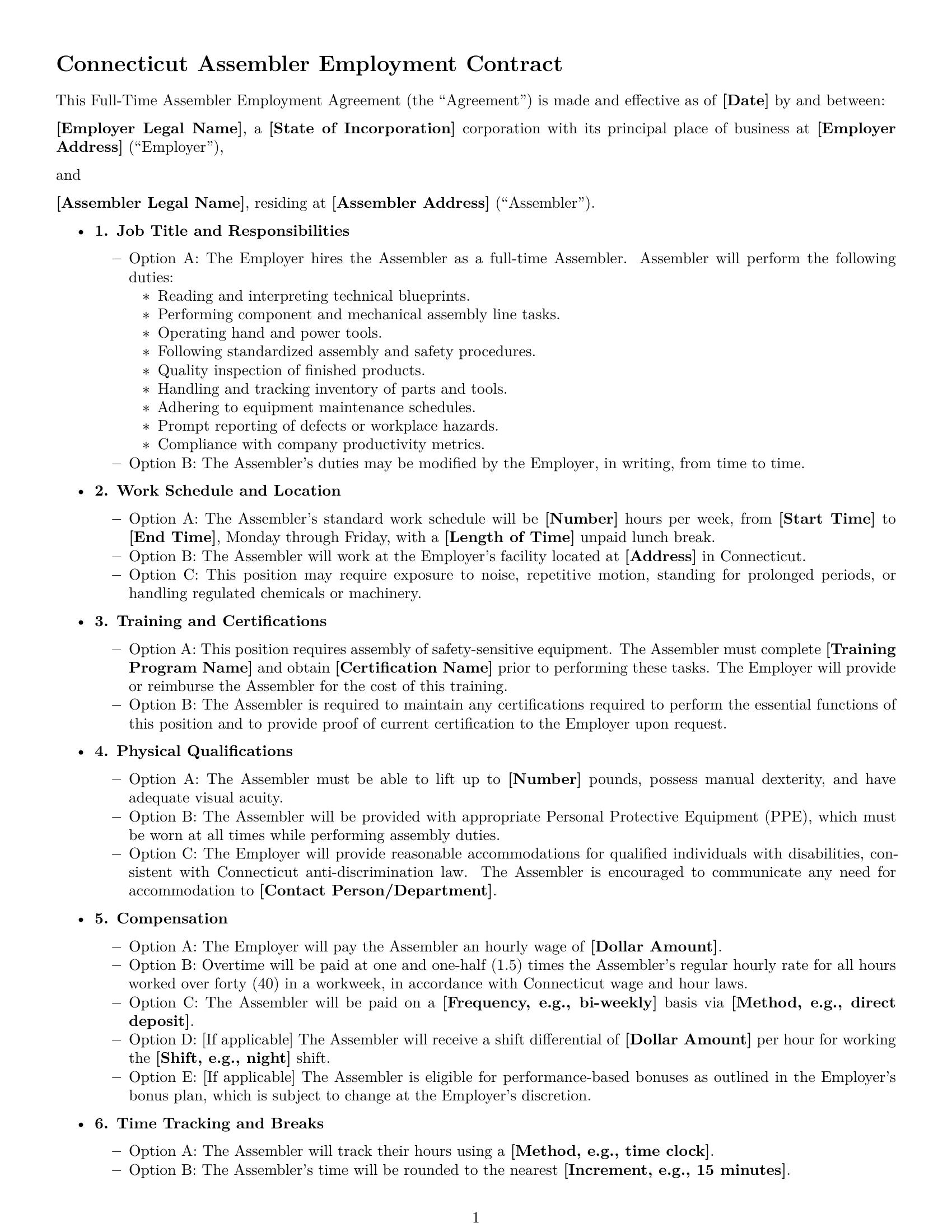 Preview page 1 of Free Connecticut assembler employment contract template