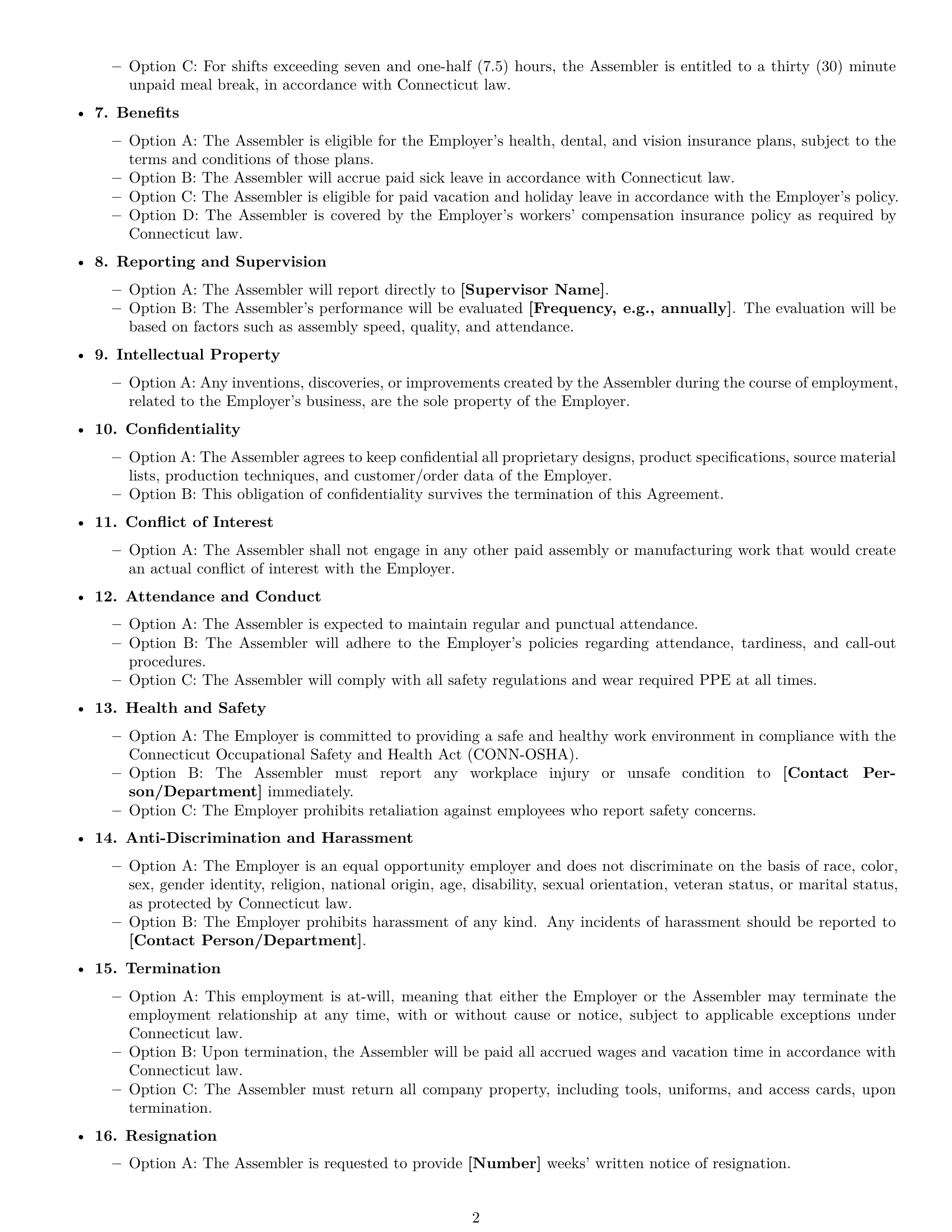 Preview page 2 of Free Connecticut assembler employment contract template