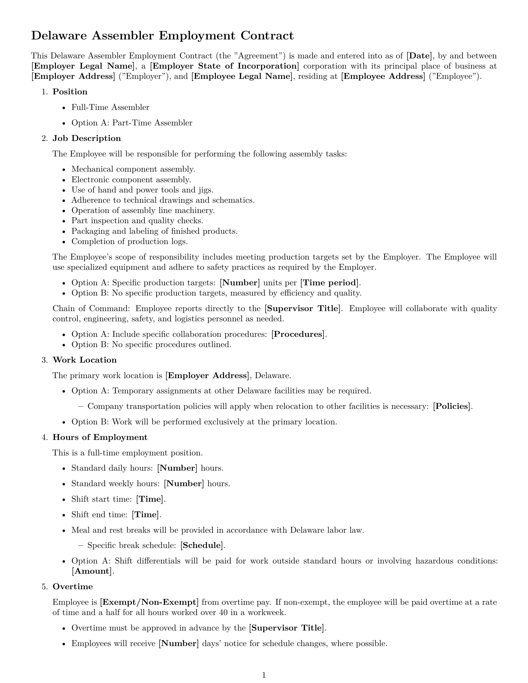 Preview page 1 of Free Delaware assembler employment contract template