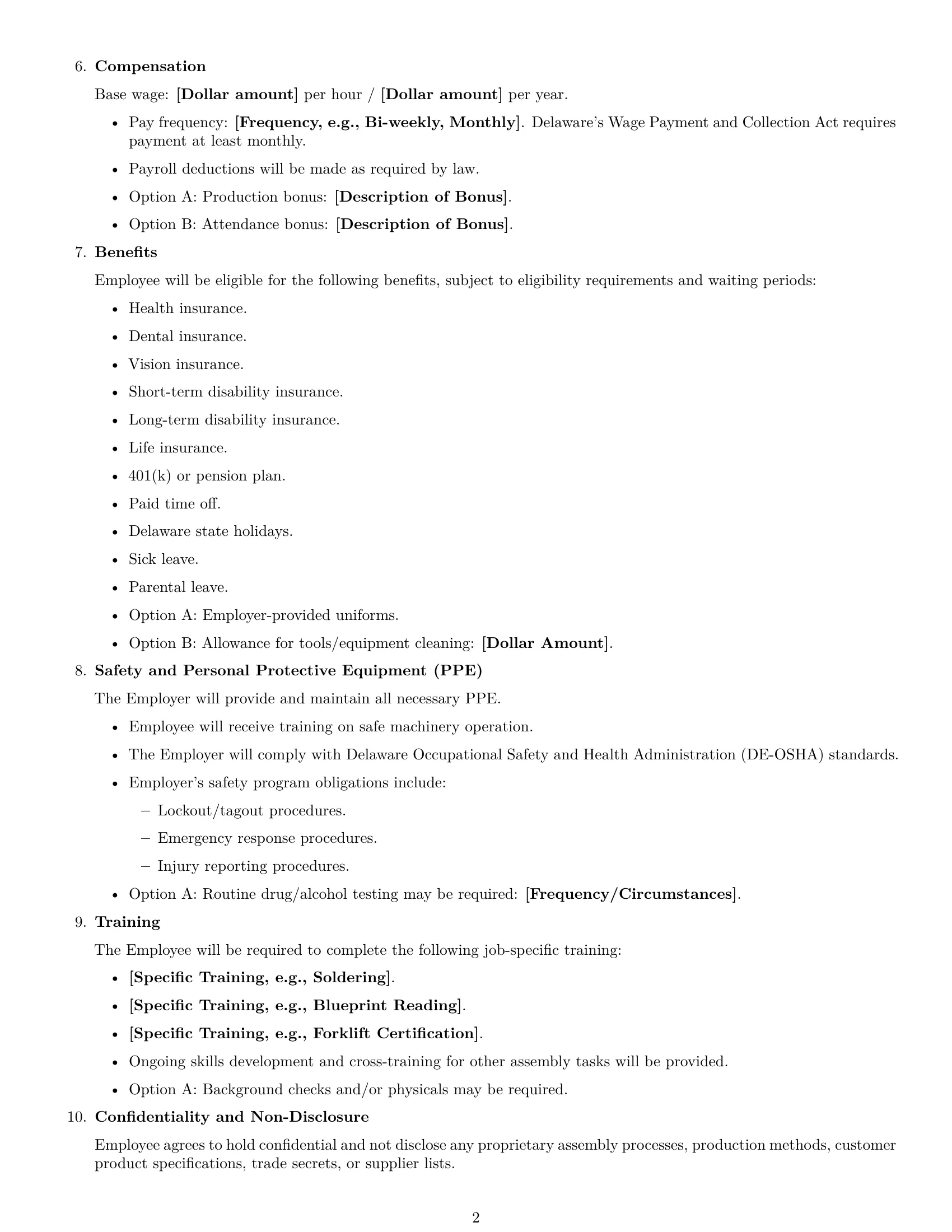 Preview page 2 of Free Delaware assembler employment contract template