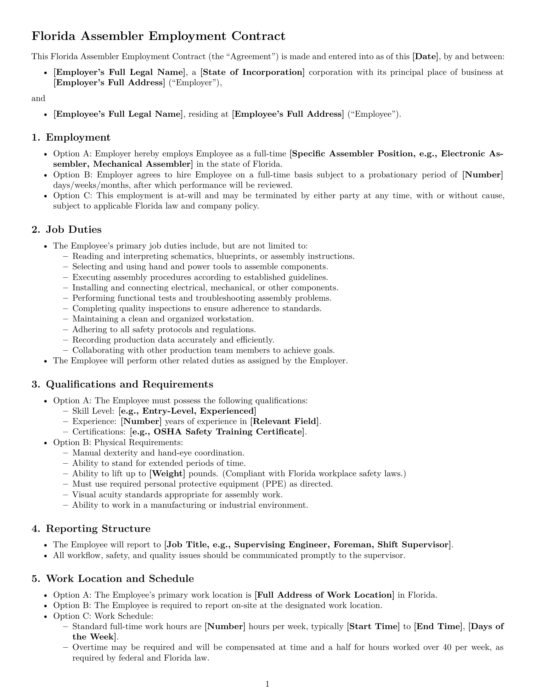 Preview page 1 of Free Florida assembler employment contract template