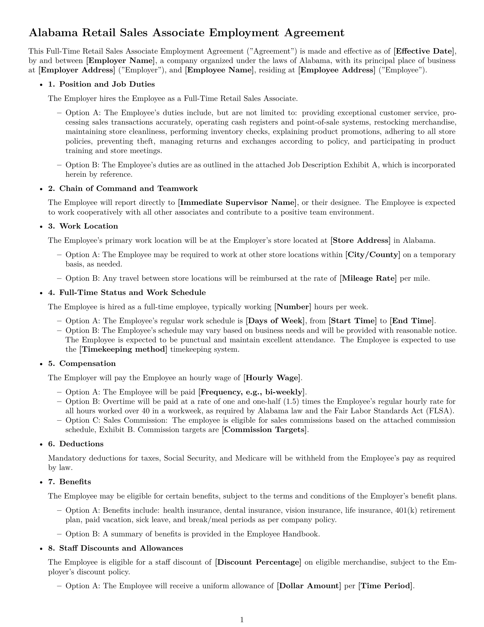 Preview page 1 of Free Alabama retail sales associate employment contract template