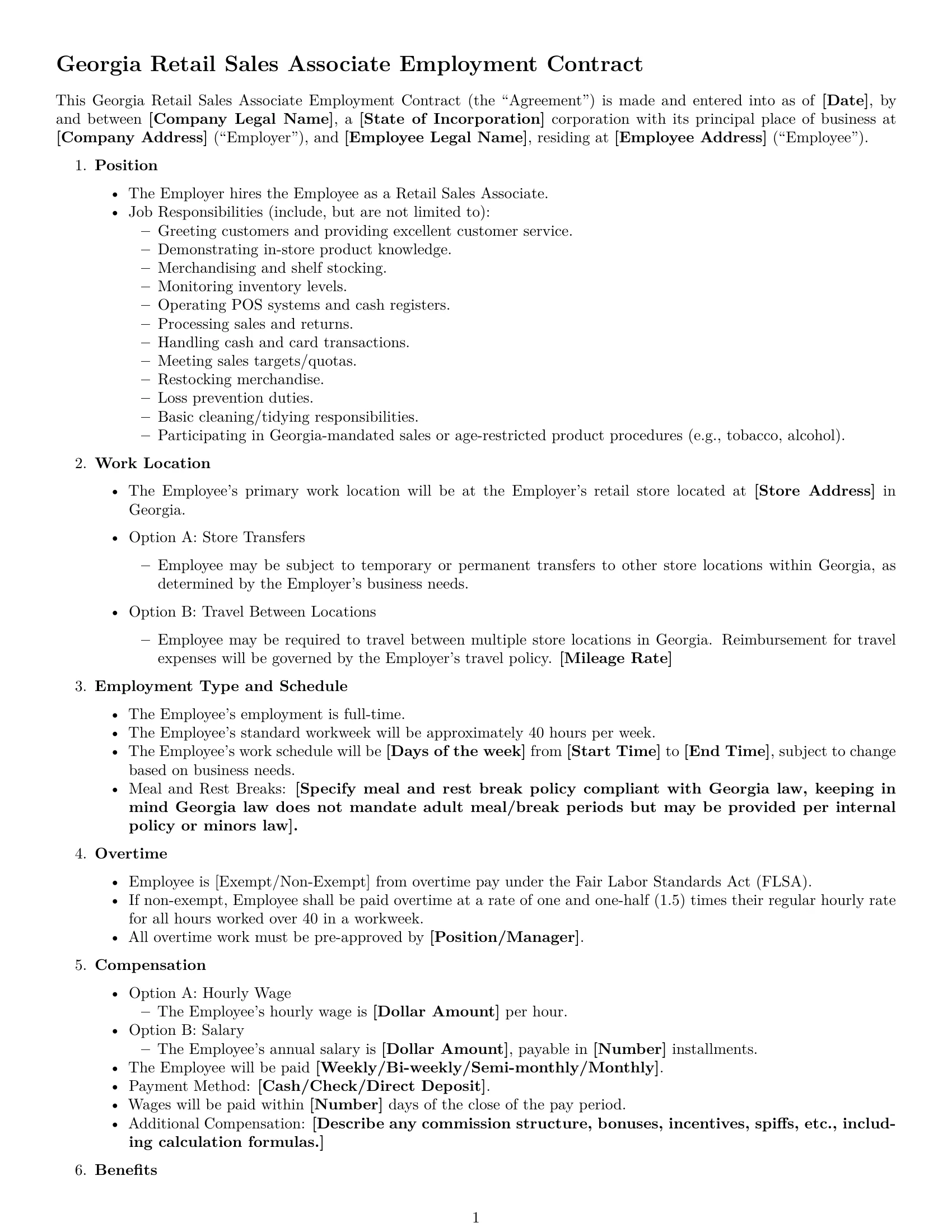 Preview page 1 of Free Georgia retail sales associate employment contract template