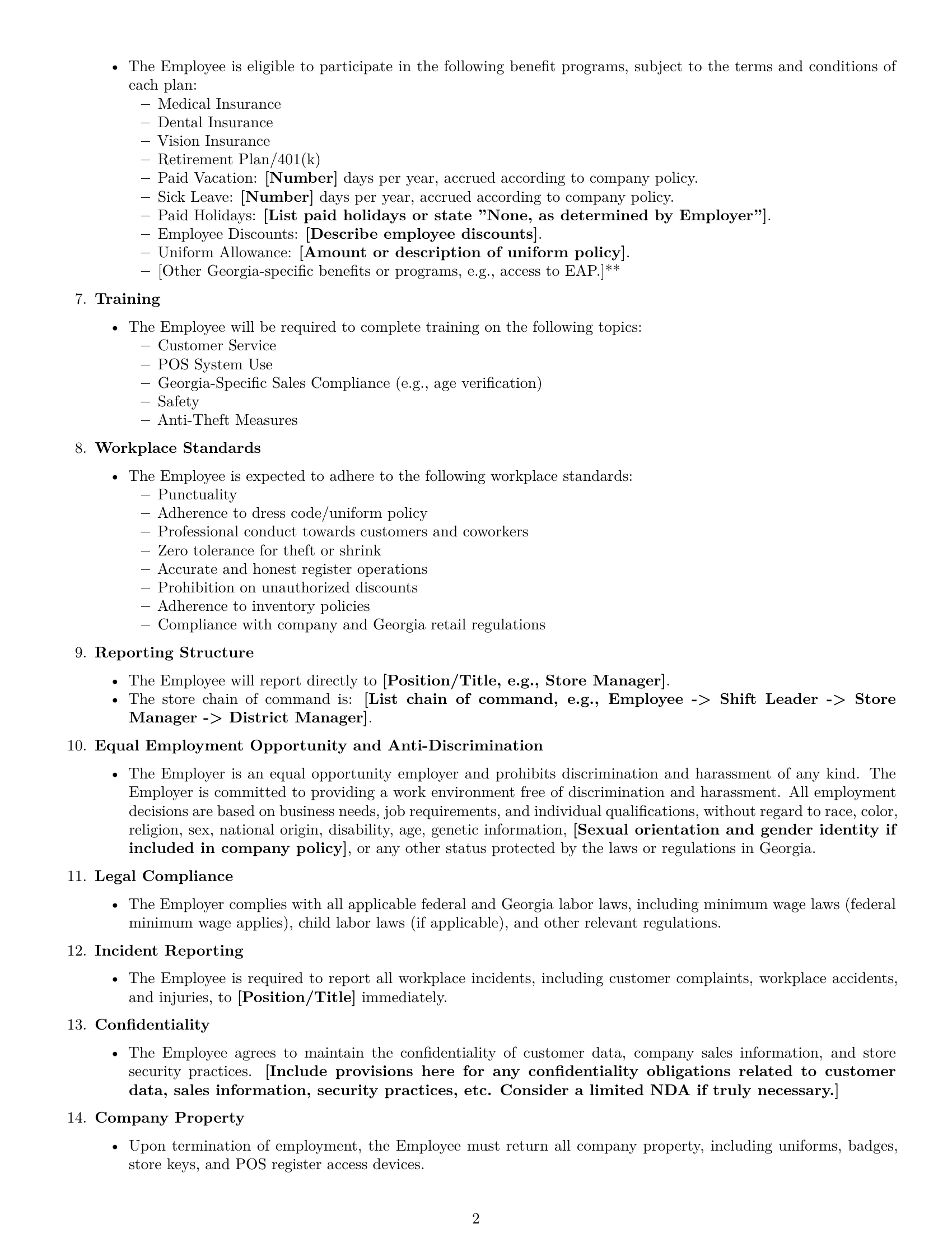 Preview page 2 of Free Georgia retail sales associate employment contract template