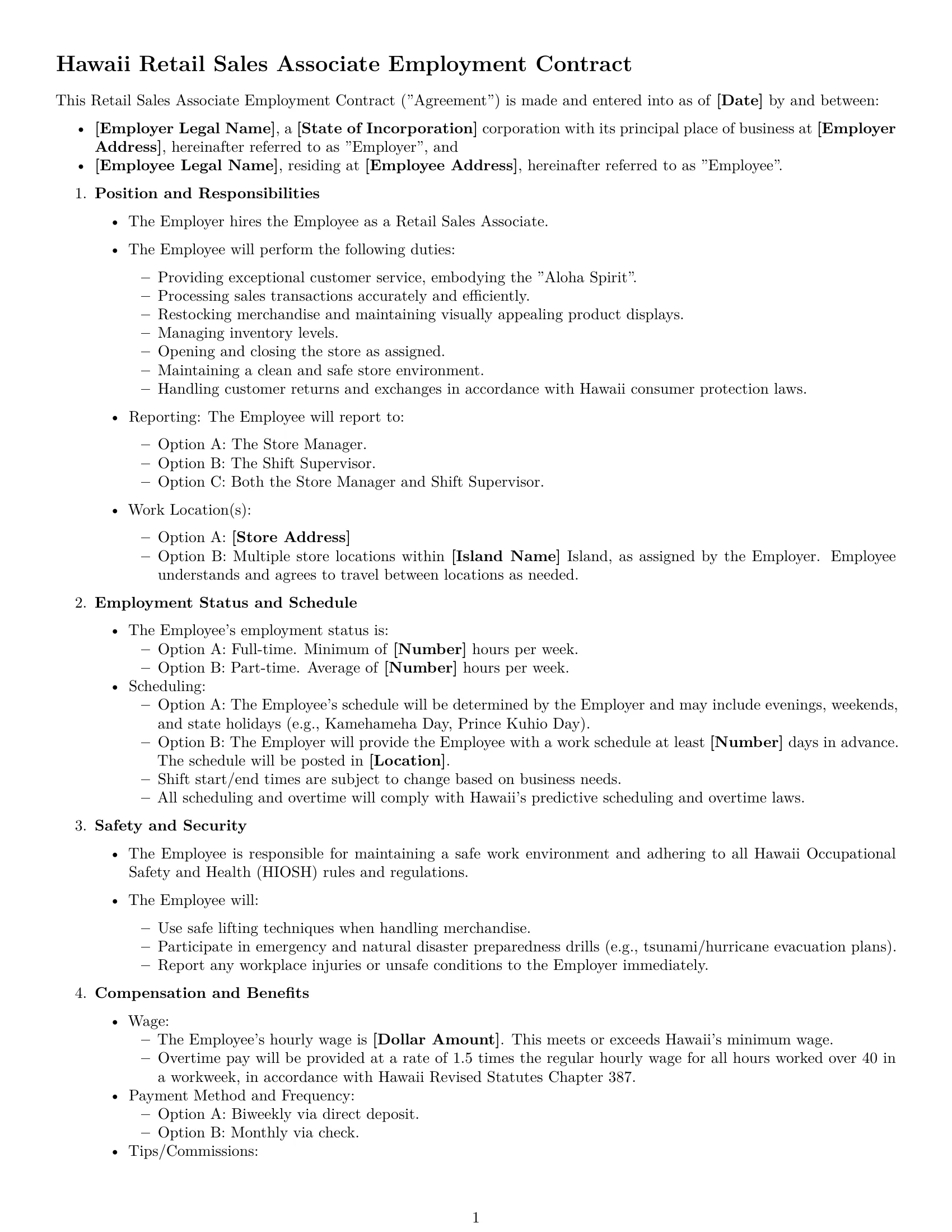 Preview page 1 of Free Hawaii retail sales associate employment contract template