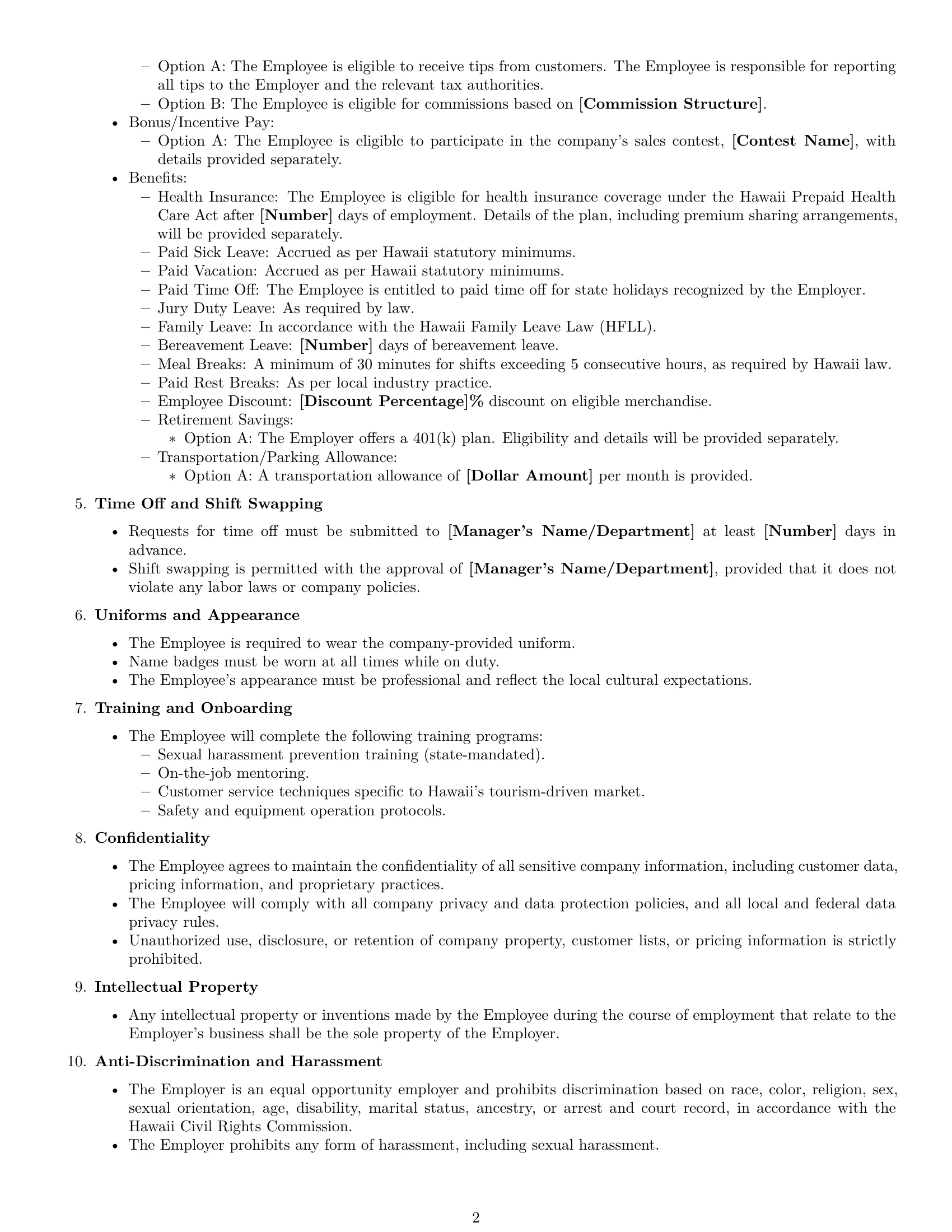 Preview page 2 of Free Hawaii retail sales associate employment contract template