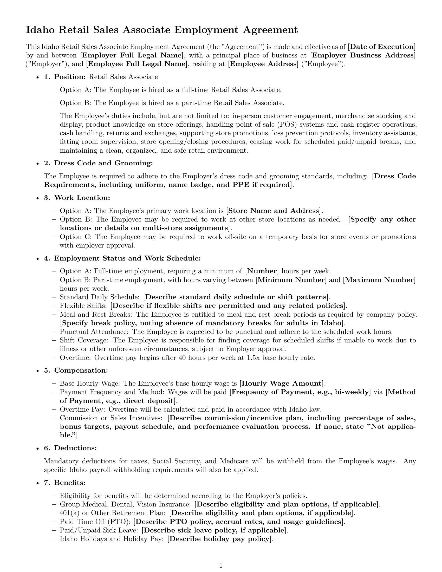 Preview page 1 of Free Idaho retail sales associate employment contract template
