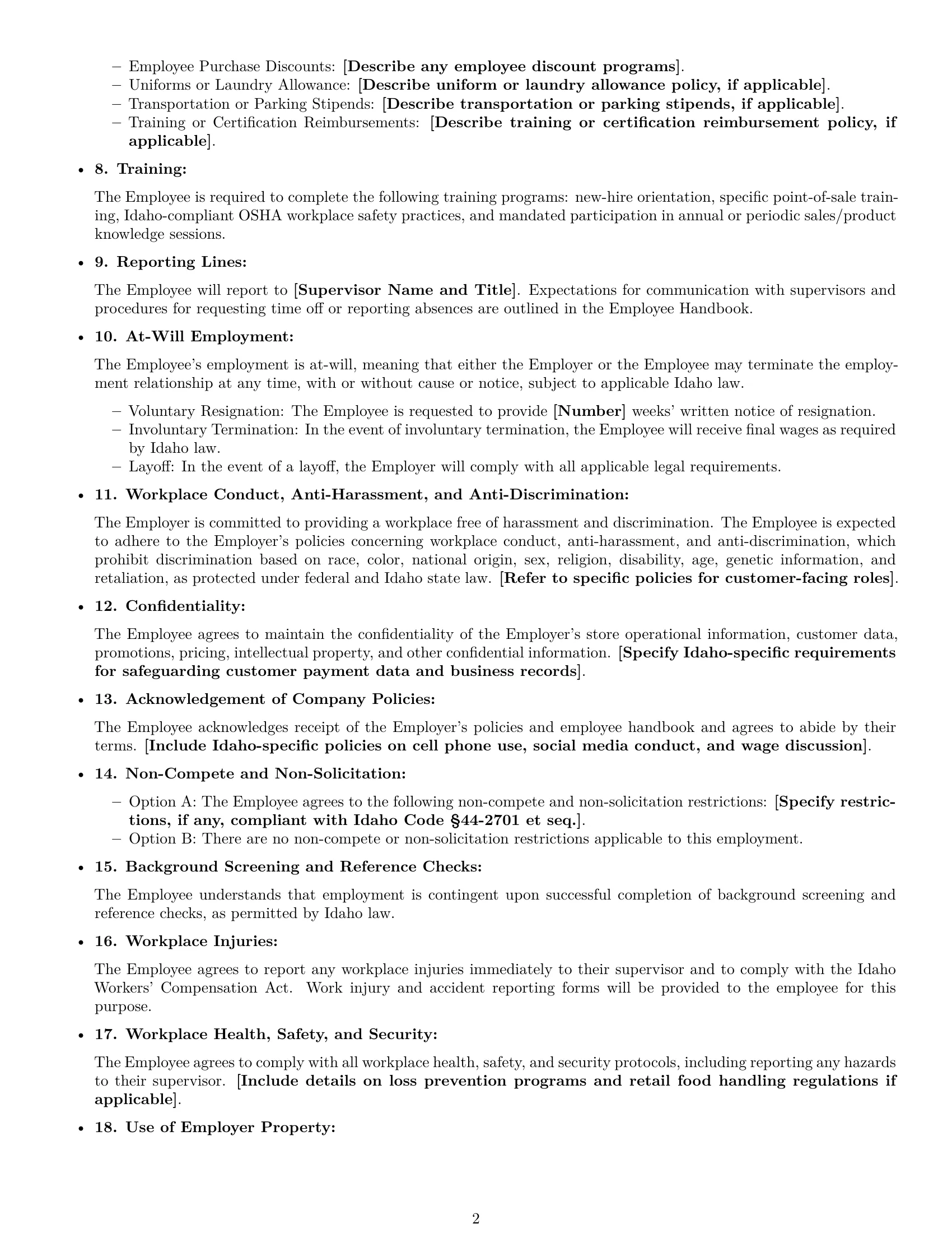 Preview page 2 of Free Idaho retail sales associate employment contract template