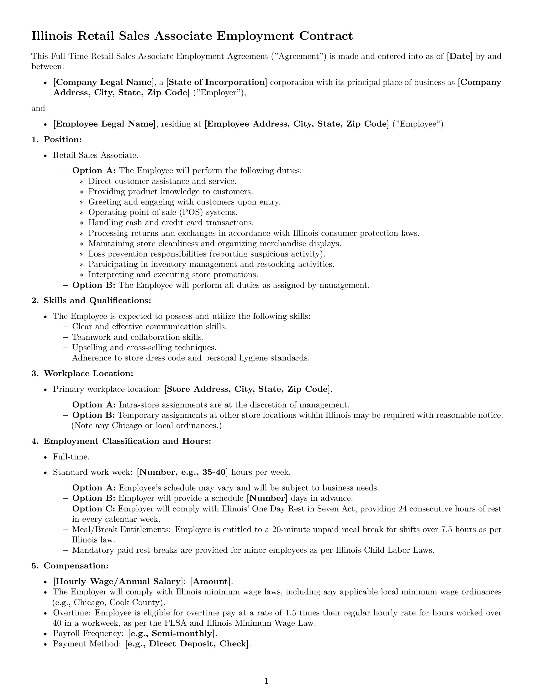 Preview page 1 of Free Illinois retail sales associate employment contract template