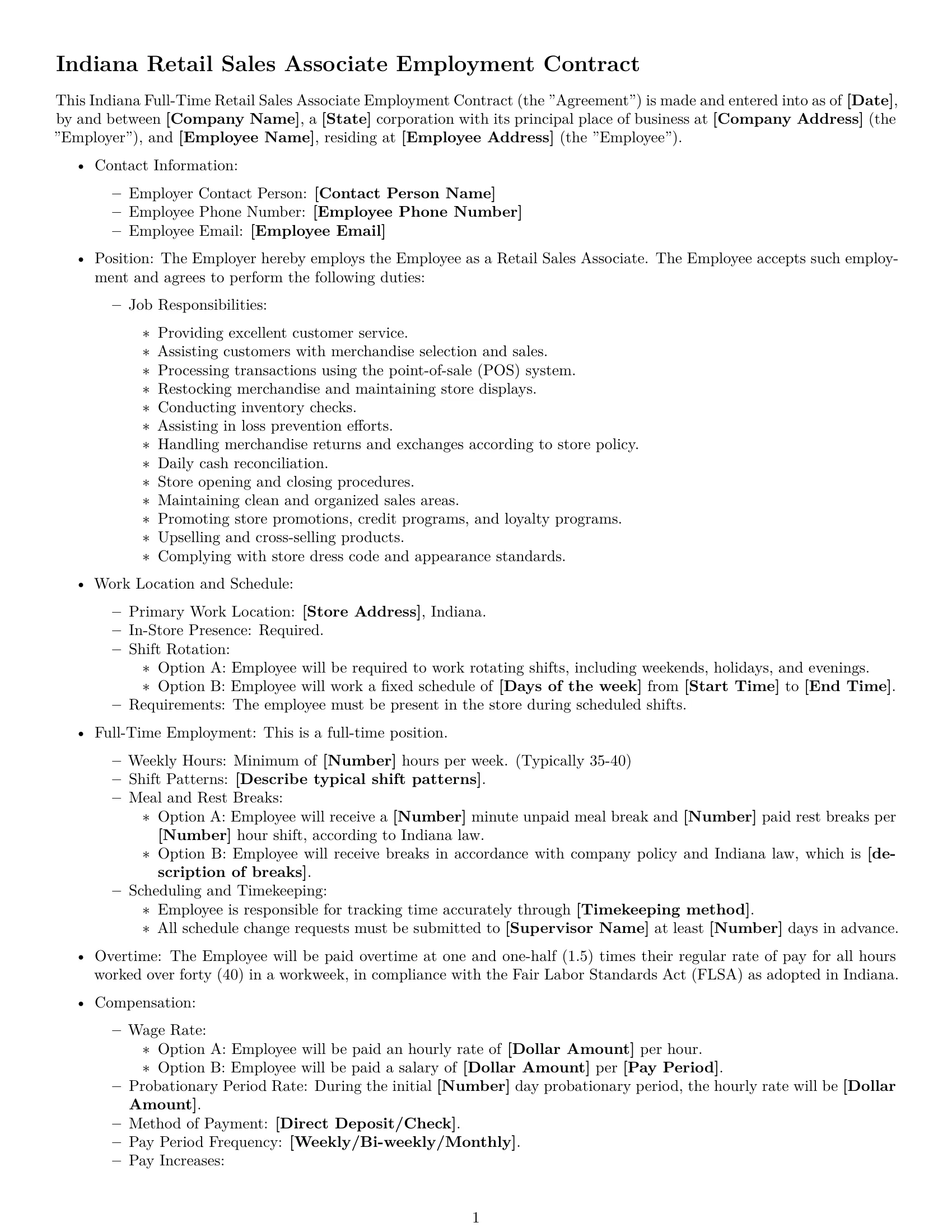 Preview page 1 of Free Indiana retail sales associate employment contract template